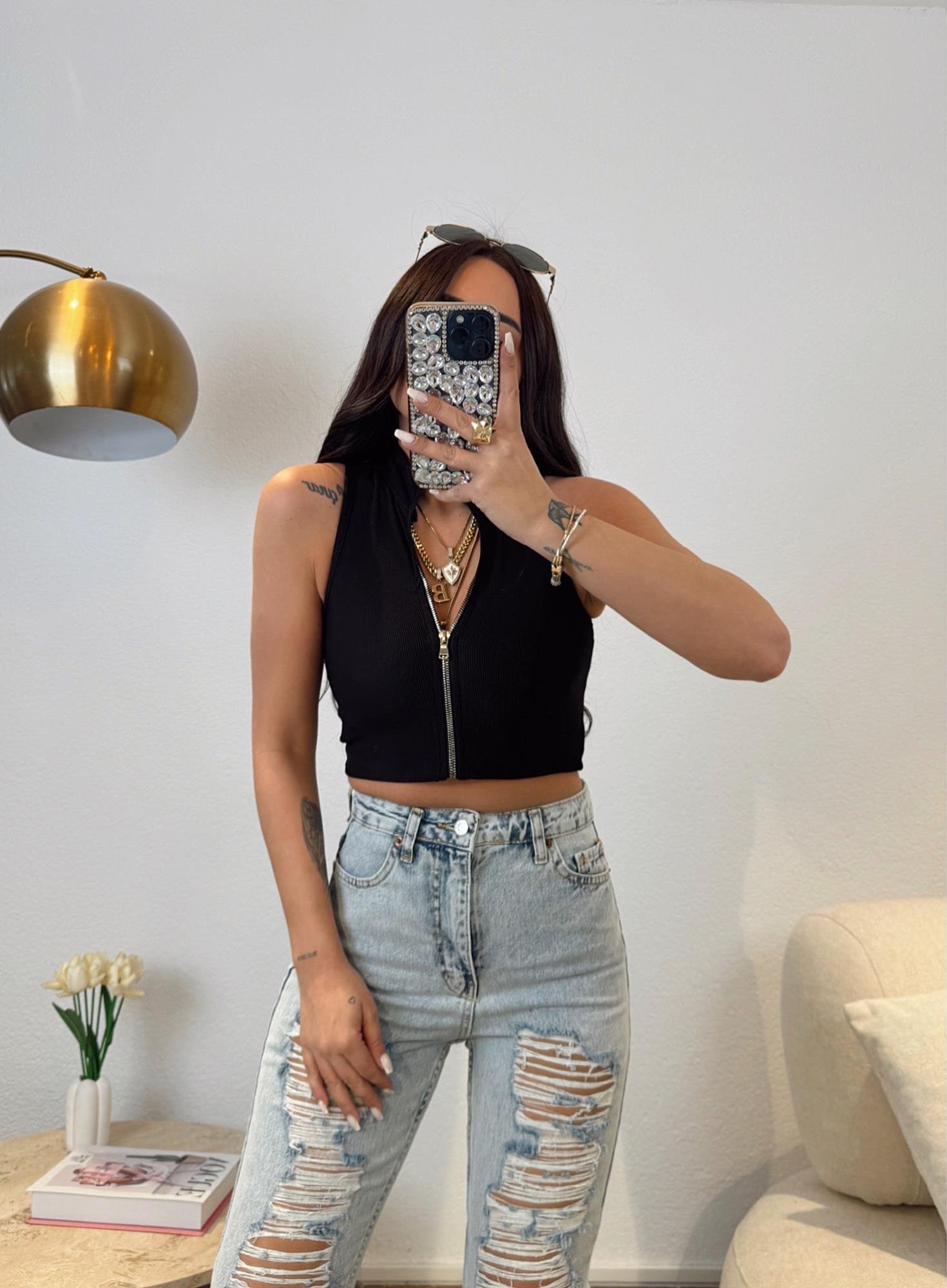 Fermuarlı Fitilli Siyah Crop 