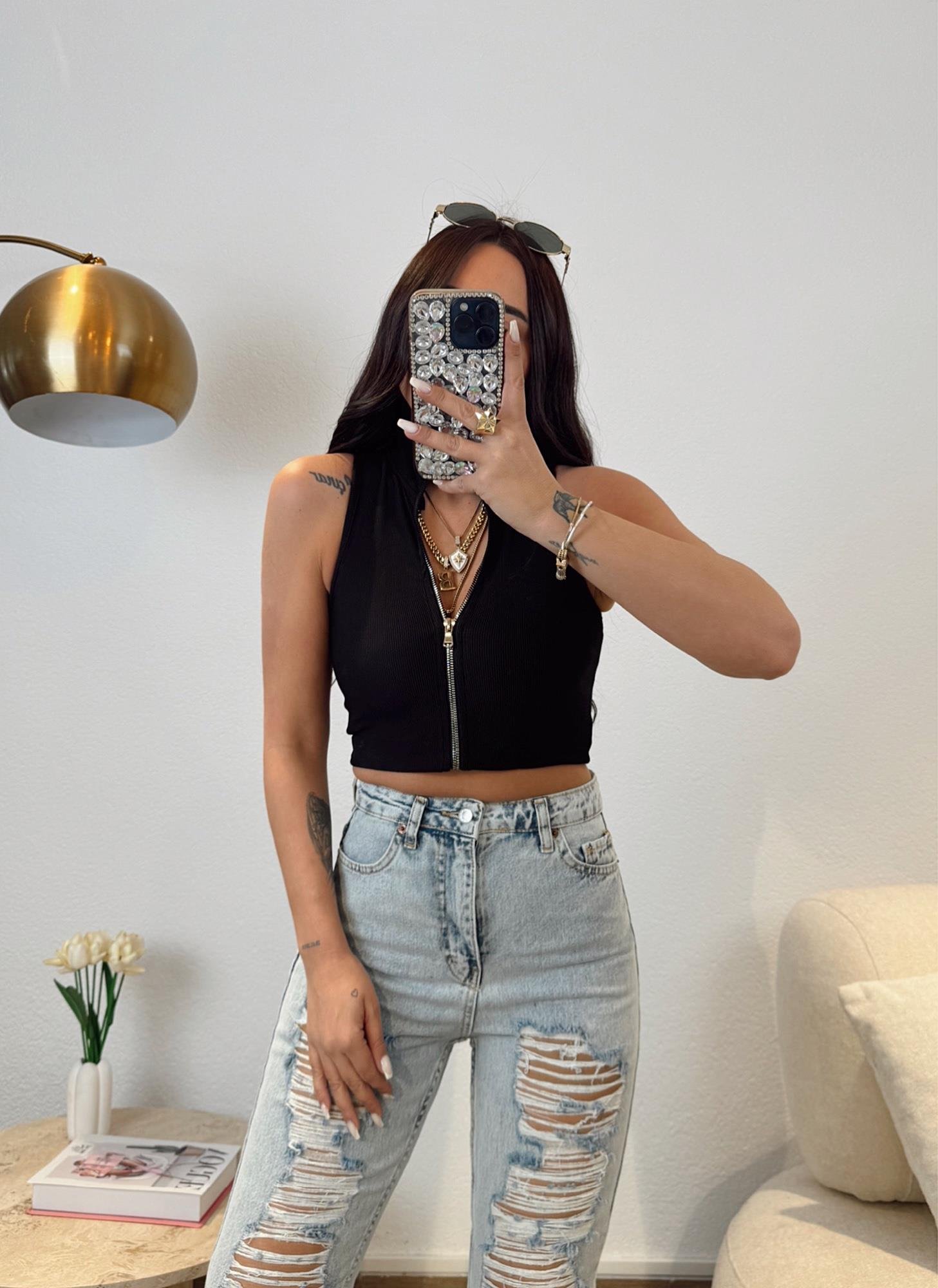 Fermuarlı Fitilli Siyah Crop 