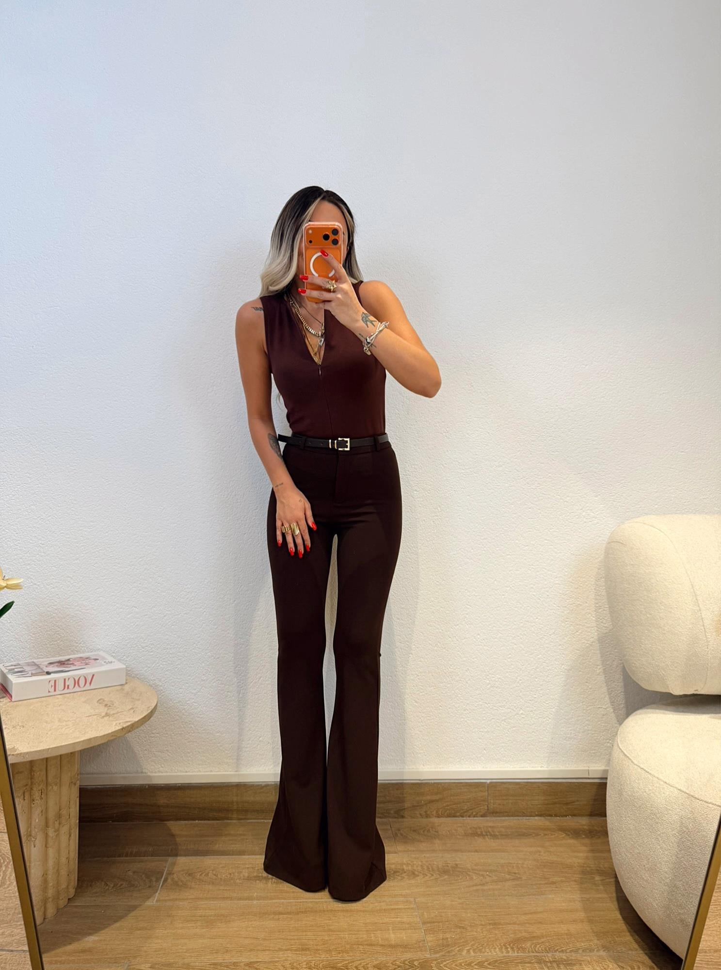 Fermuarlı Kolsuz Çelik Kumaş Kahve Badi