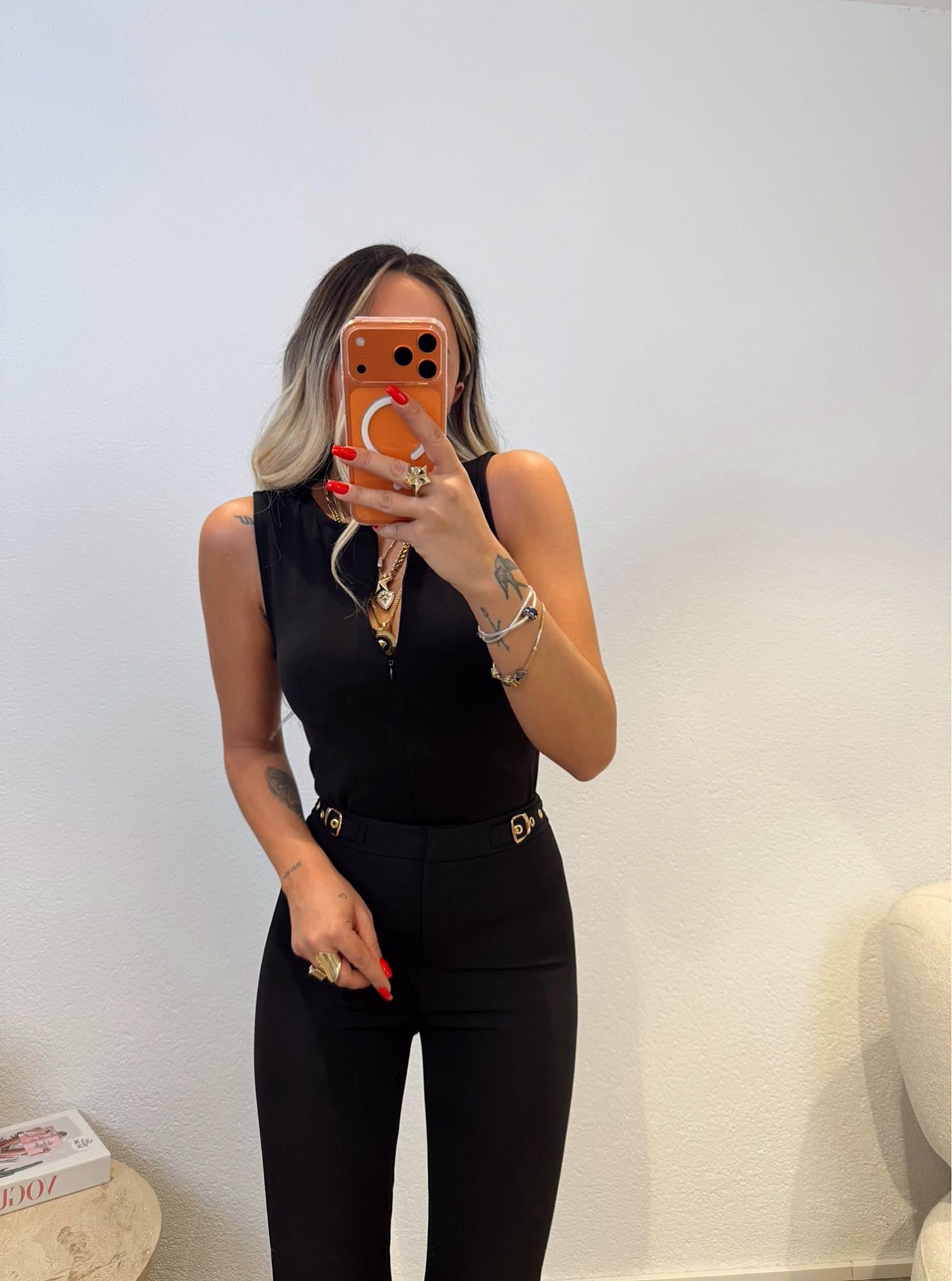 Fermuarlı Kolsuz Çelik Kumaş Siyah Badi