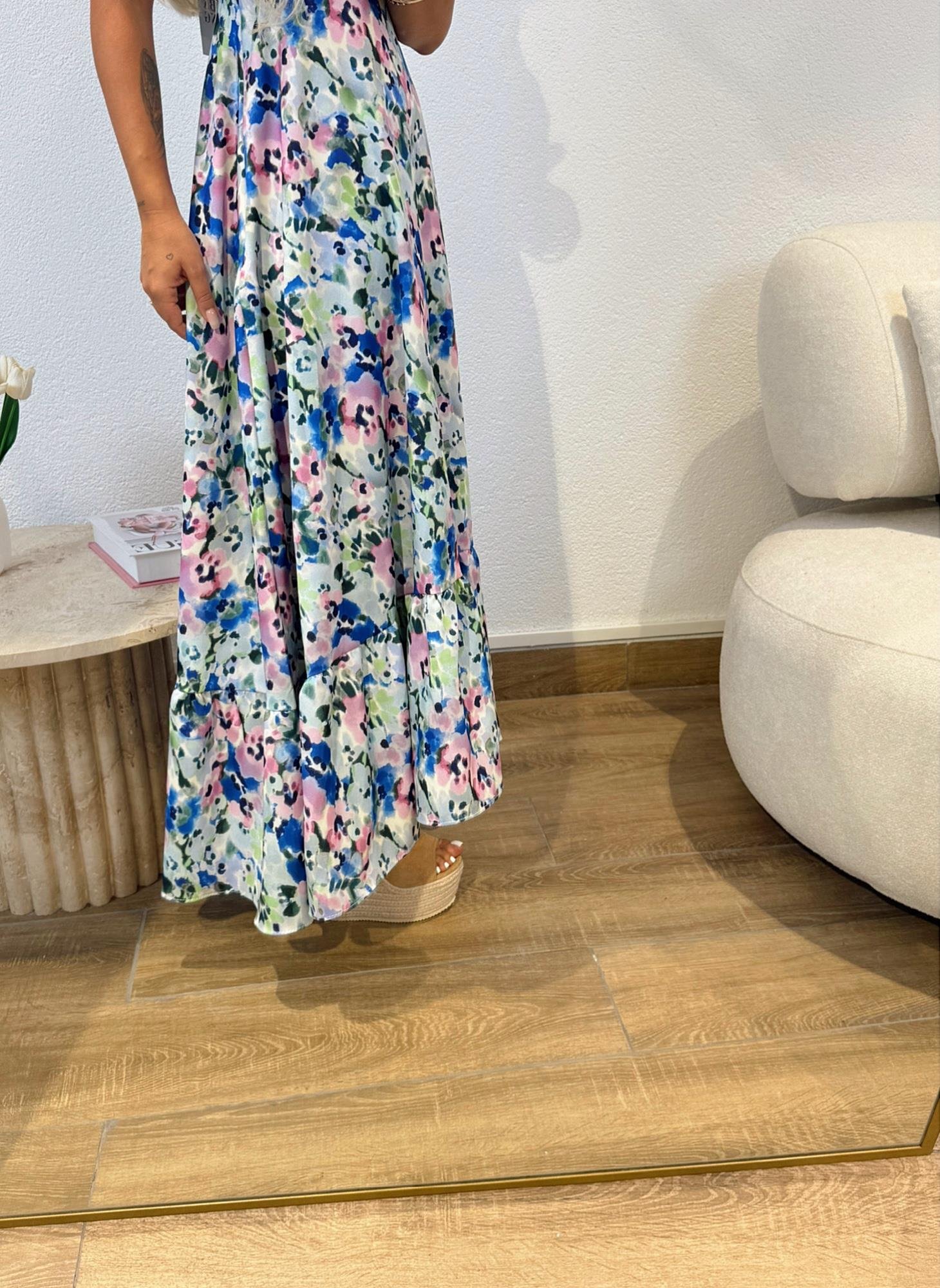 Gipeli Bel Kısmı Balenli Çiçek Desen Pembe Elbise