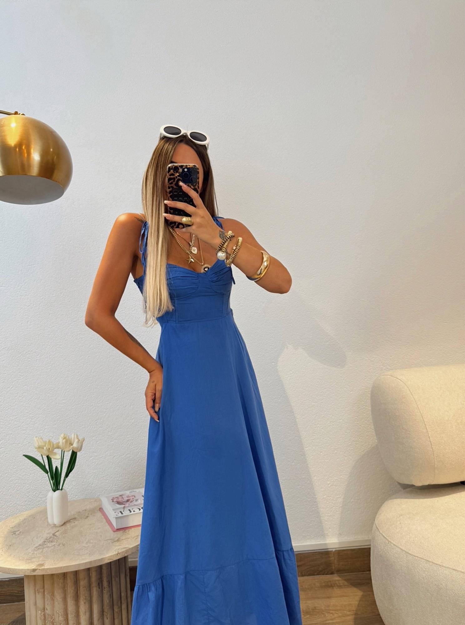 Gipeli Bel Kısmı Balenli Saks Mavi Midi Boy Elbise