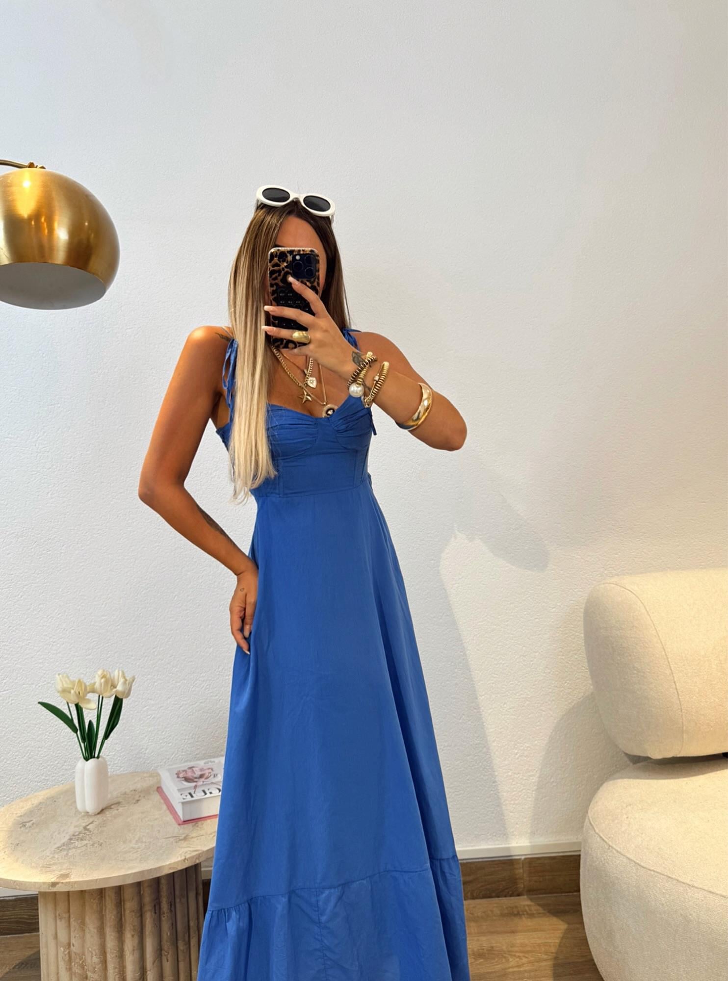Gipeli Bel Kısmı Balenli Saks Mavi Midi Boy Elbise