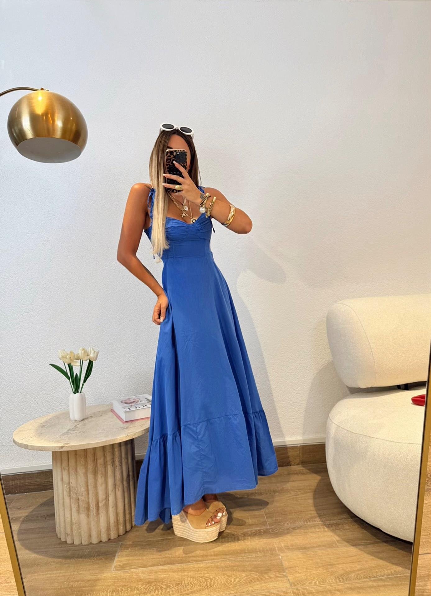 Gipeli Bel Kısmı Balenli Saks Mavi Midi Boy Elbise