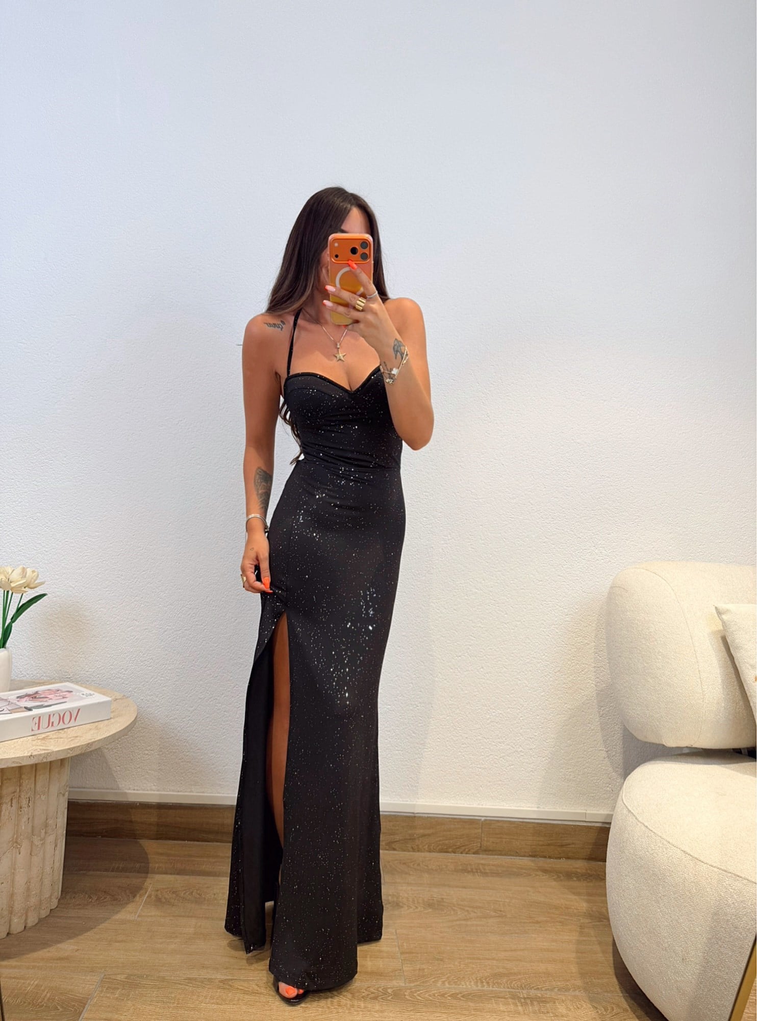 Göğüs Kaplı Sırt Dekolteli Simli Maxi Elbise