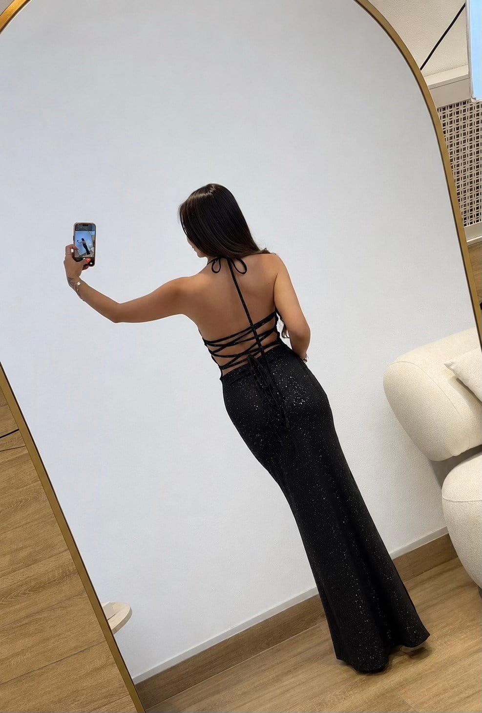 Göğüs Kaplı Sırt Dekolteli Simli Maxi Elbise