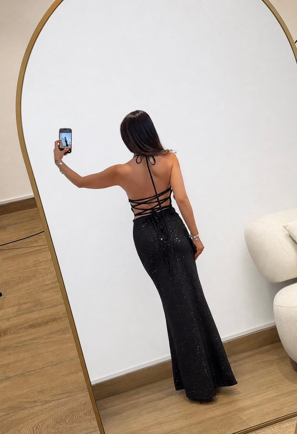 Göğüs Kaplı Sırt Dekolteli Simli Maxi Elbise