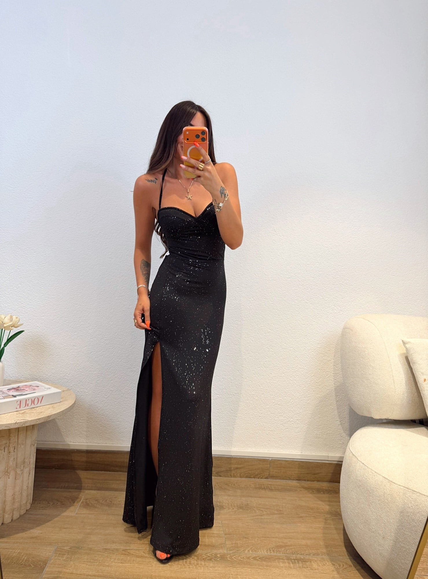 Göğüs Kaplı Sırt Dekolteli Simli Maxi Elbise