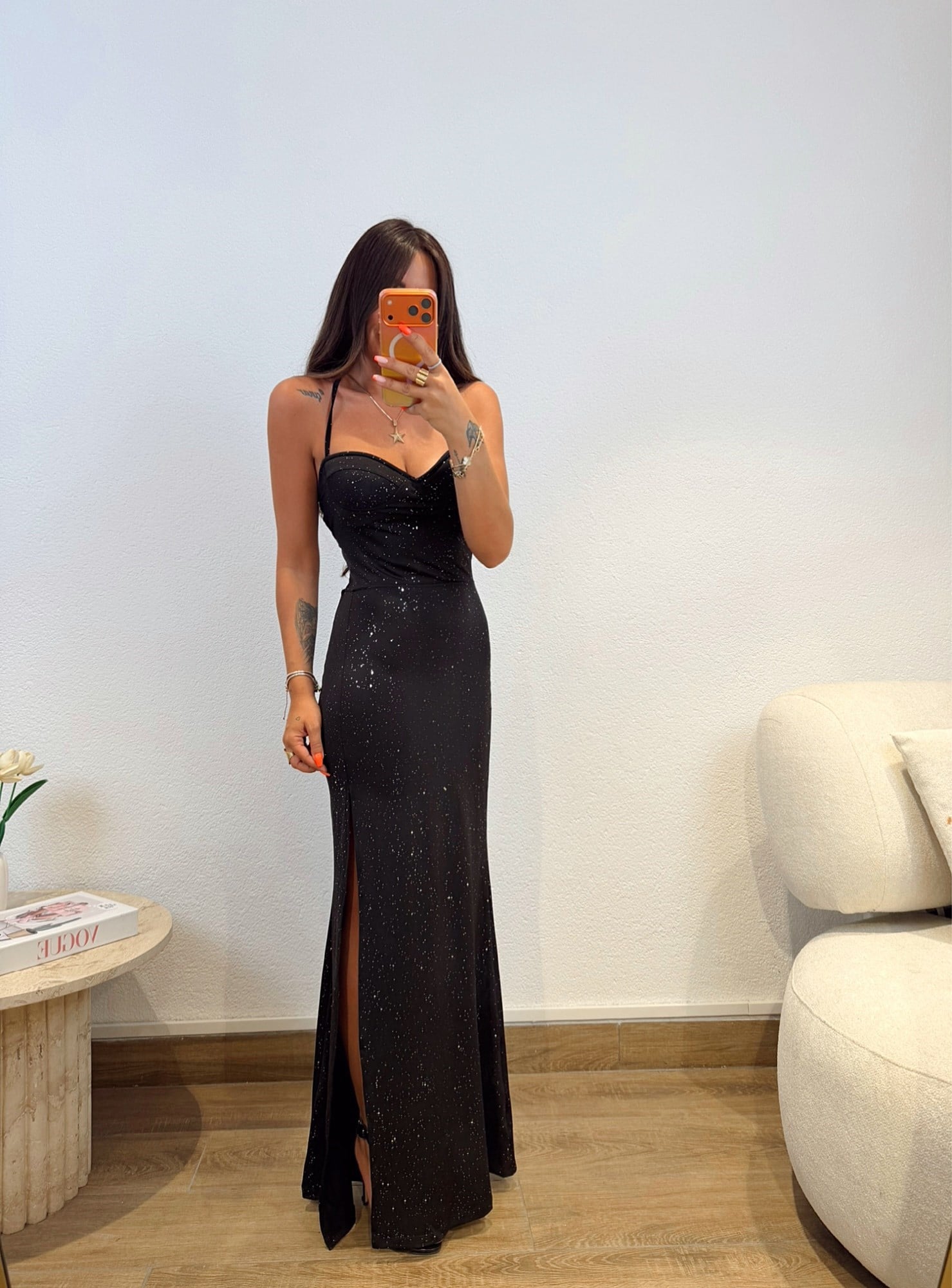 Göğüs Kaplı Sırt Dekolteli Simli Maxi Elbise