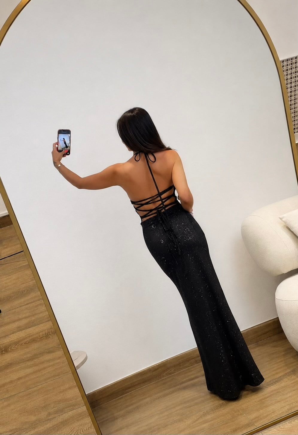 Göğüs Kaplı Sırt Dekolteli Simli Maxi Elbise