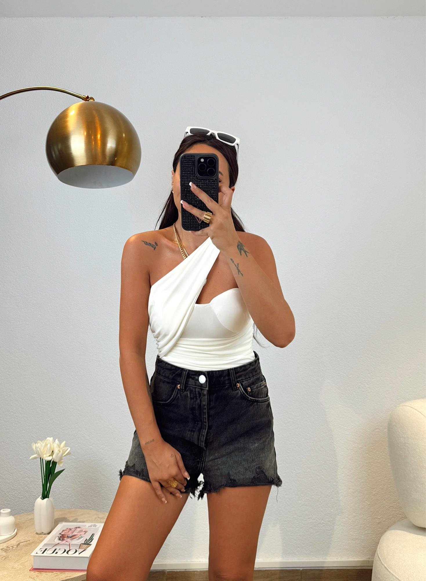 Göğüs Kuplu Tasarım Beyaz Bodysuit