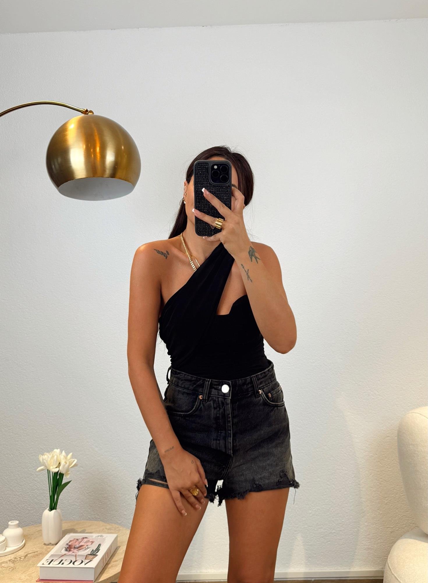 Göğüs Kuplu Tasarım Siyah Bodysuit
