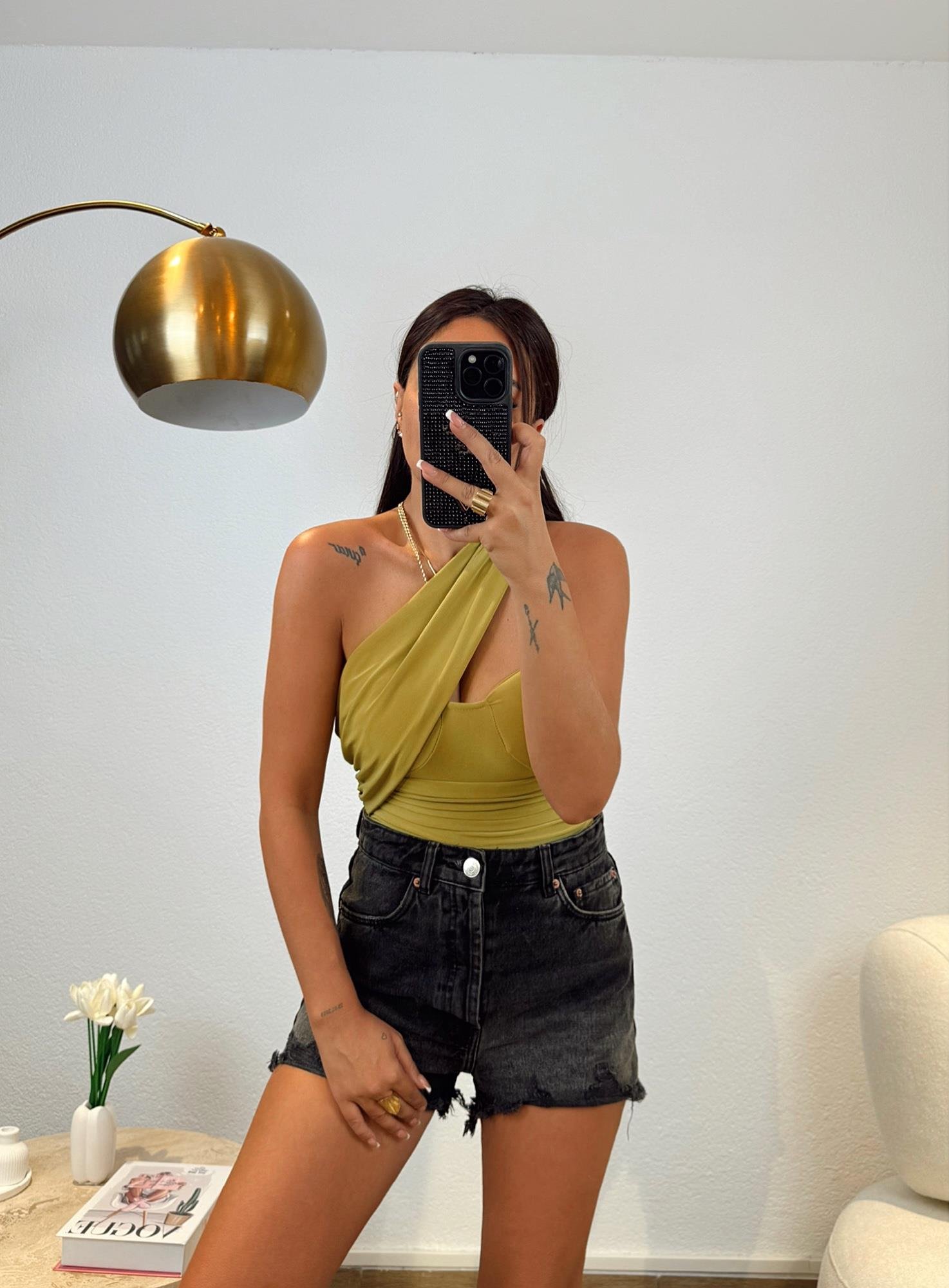 Göğüs Kuplu Tasarım Yağ Yeşili Bodysuit