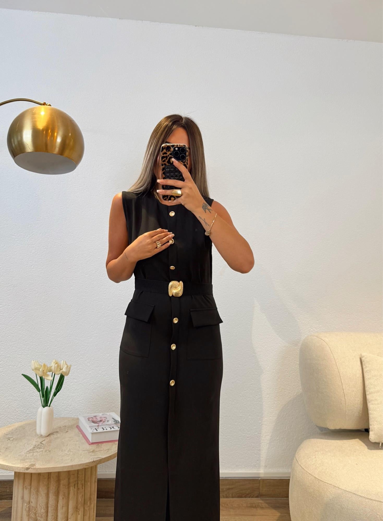 Gold Kemerli Crep Midi Boy Elbise