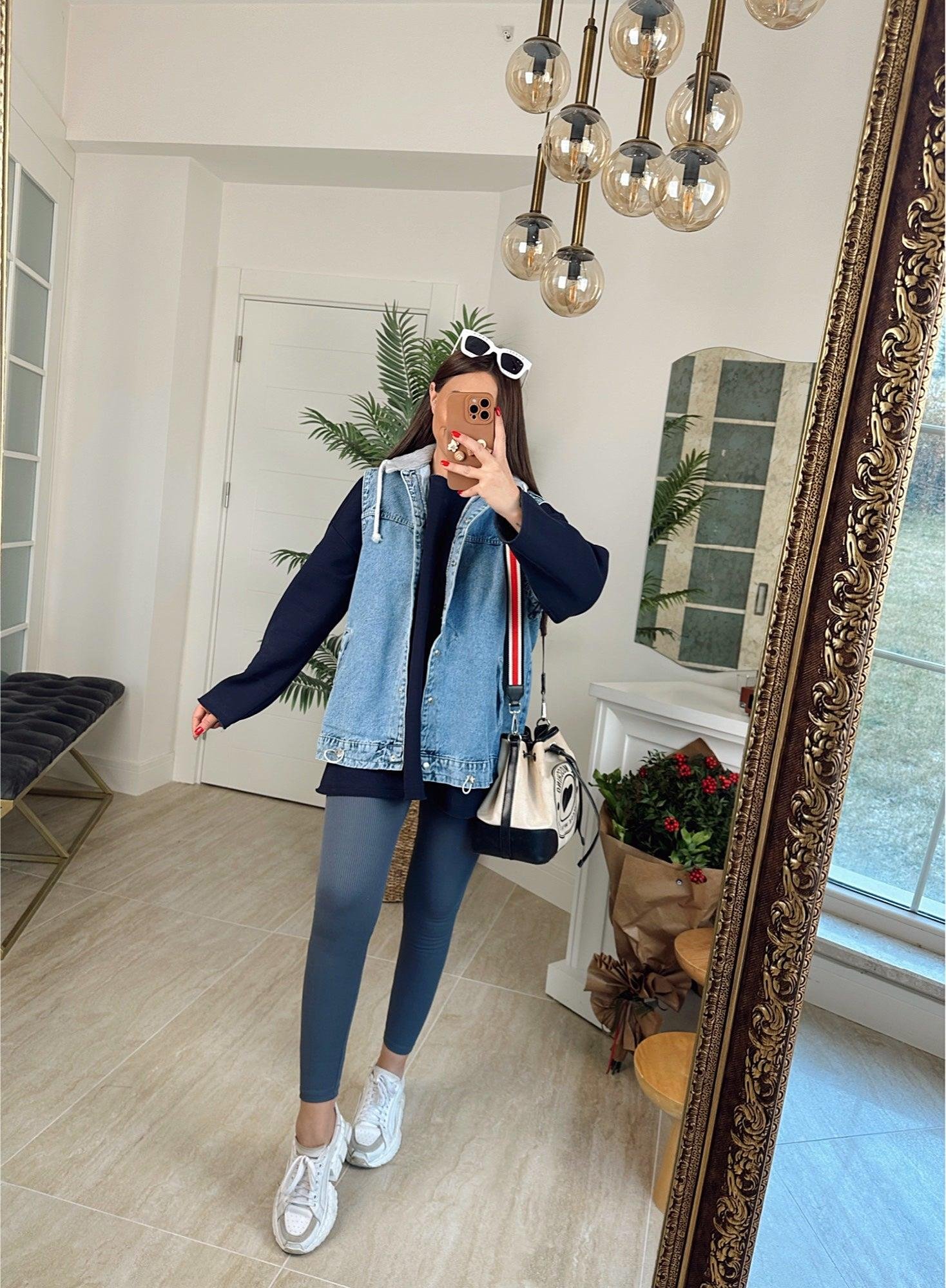 Gri Kapişonlu Oversize Jean Yelek