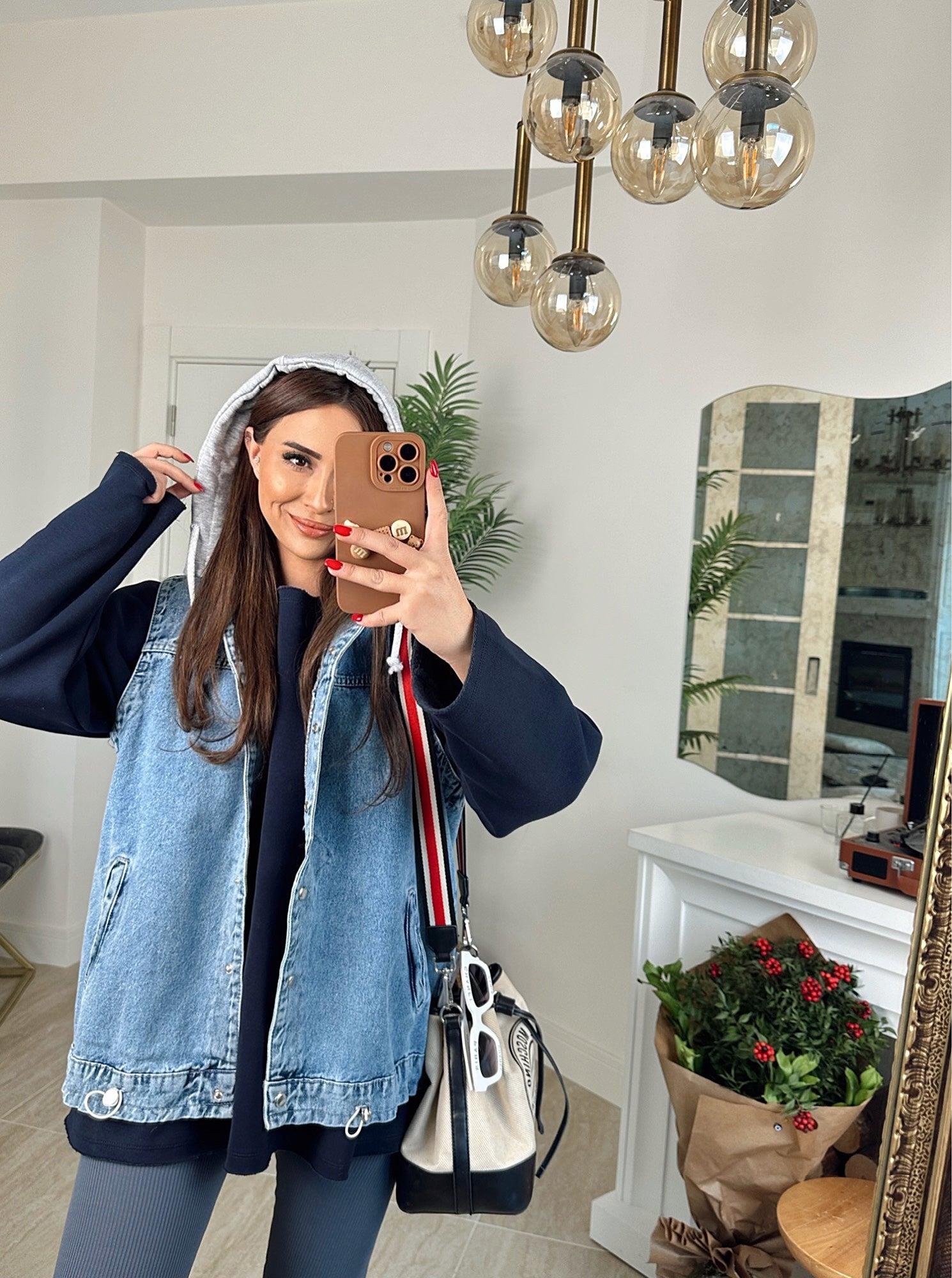 Gri Kapişonlu Oversize Jean Yelek