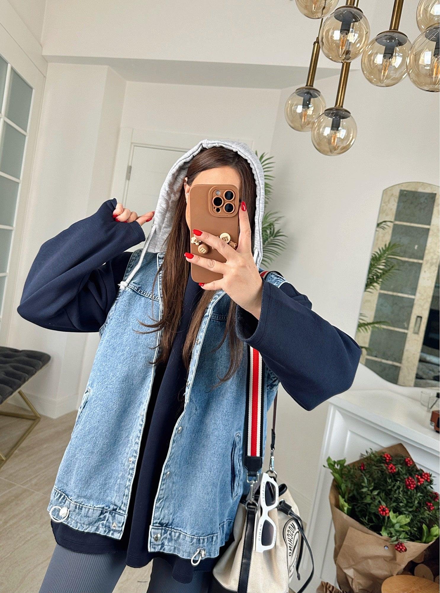 Gri Kapişonlu Oversize Jean Yelek