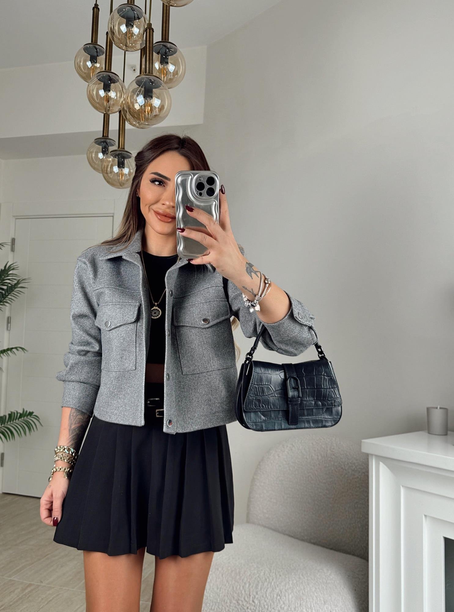 Gri Kaşe Crop Ceket