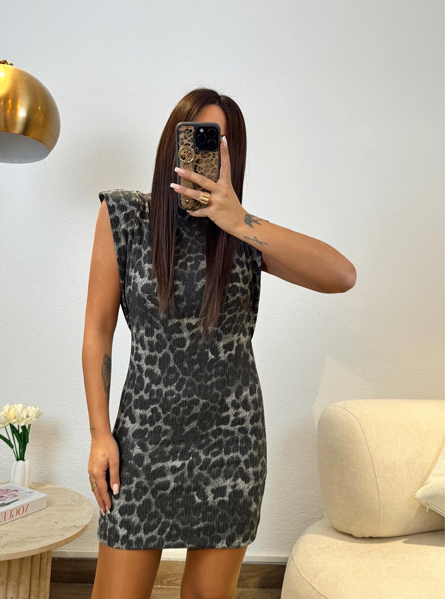 Gri Leopar Desen Balıkçı Yaka Elbise