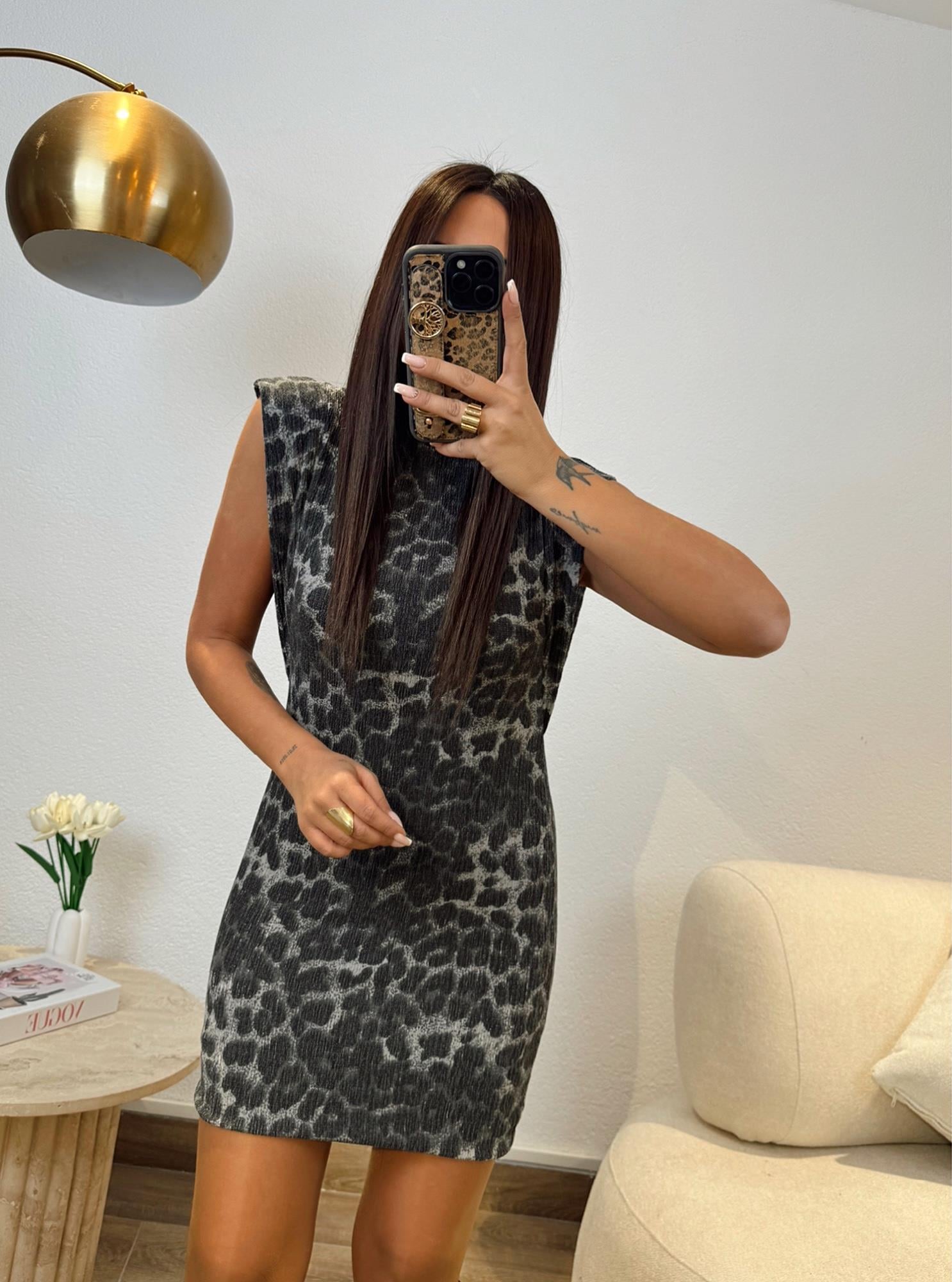 Gri Leopar Desen Balıkçı Yaka Elbise