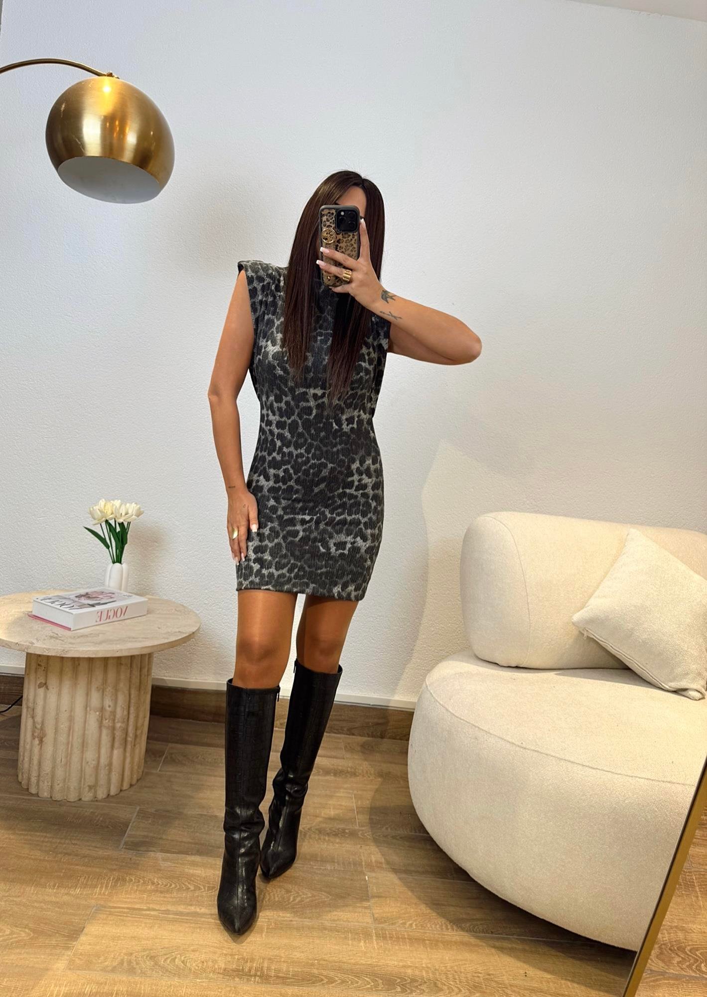 Gri Leopar Desen Balıkçı Yaka Elbise