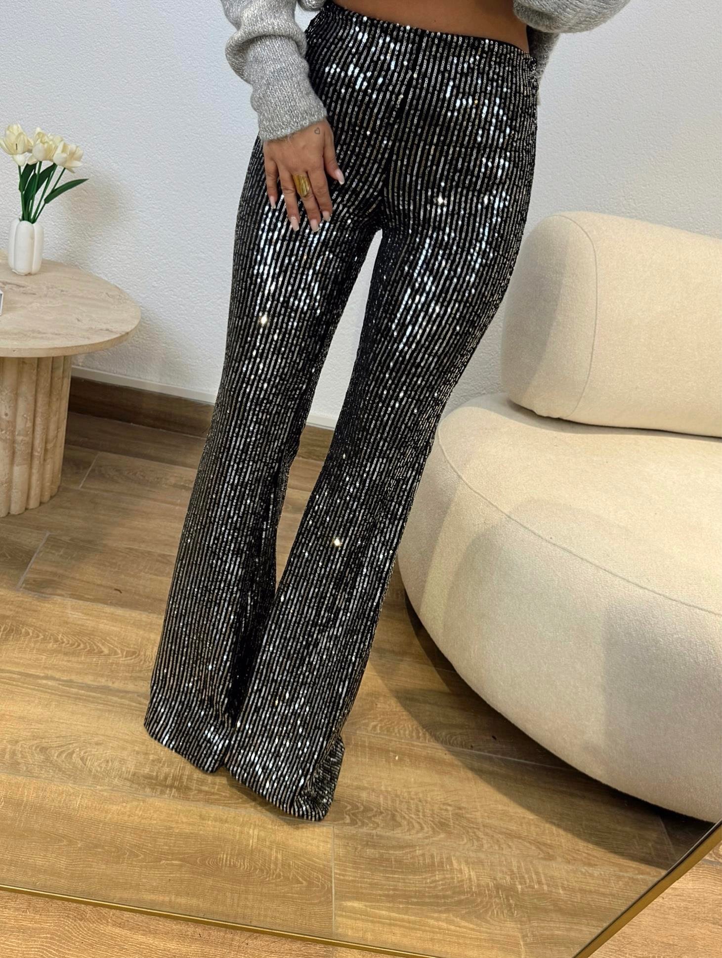 Gri Payetli İspanyol Paça Pantolon