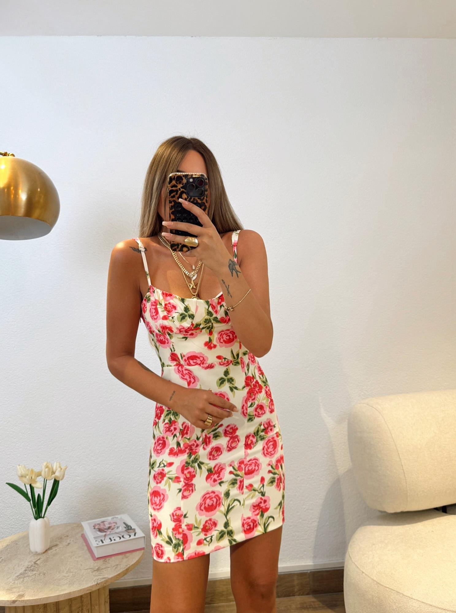 Gül Desen İp Askılı Mini Elbise