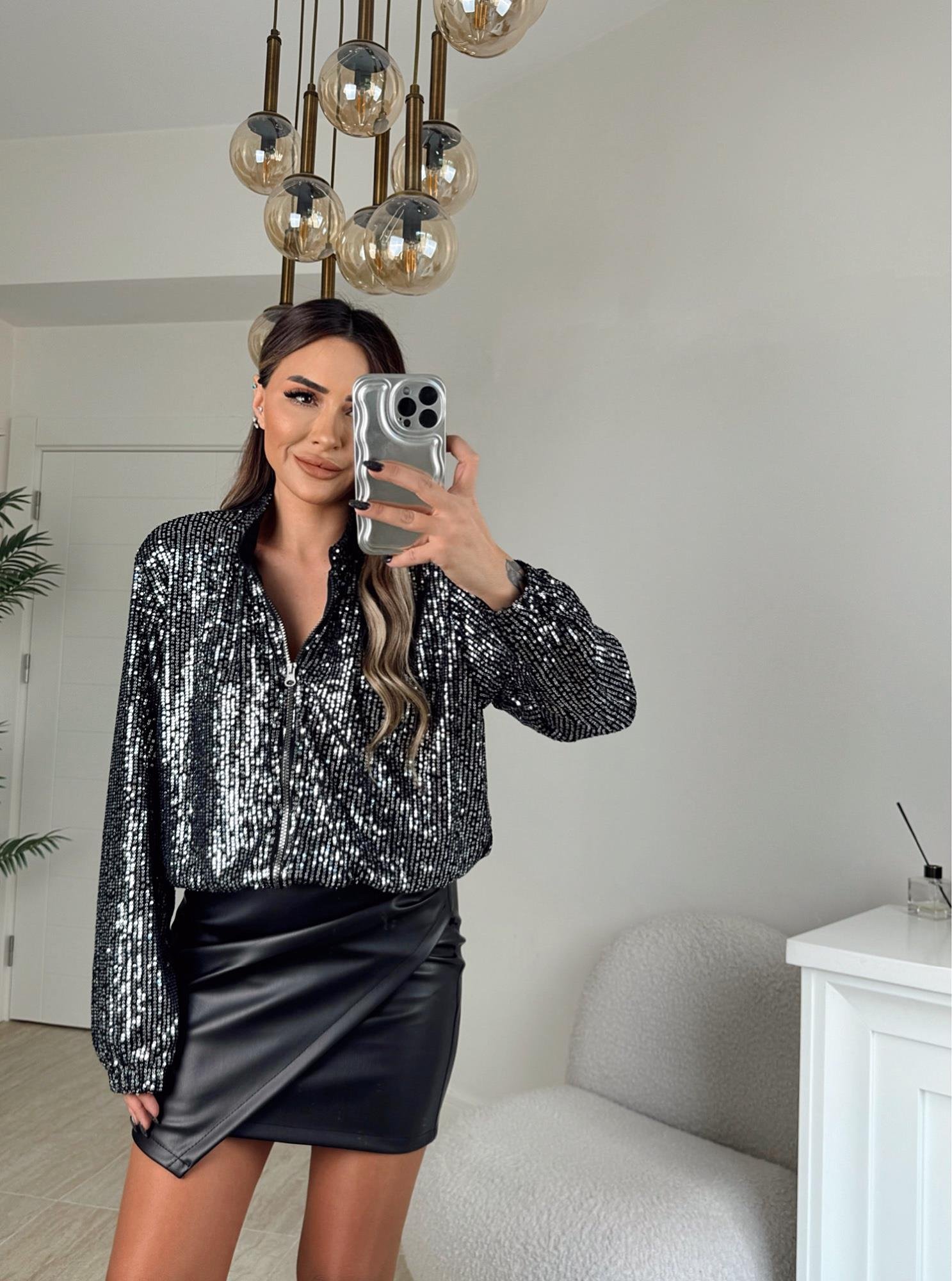 Gümüş Payet Bomber Ceket