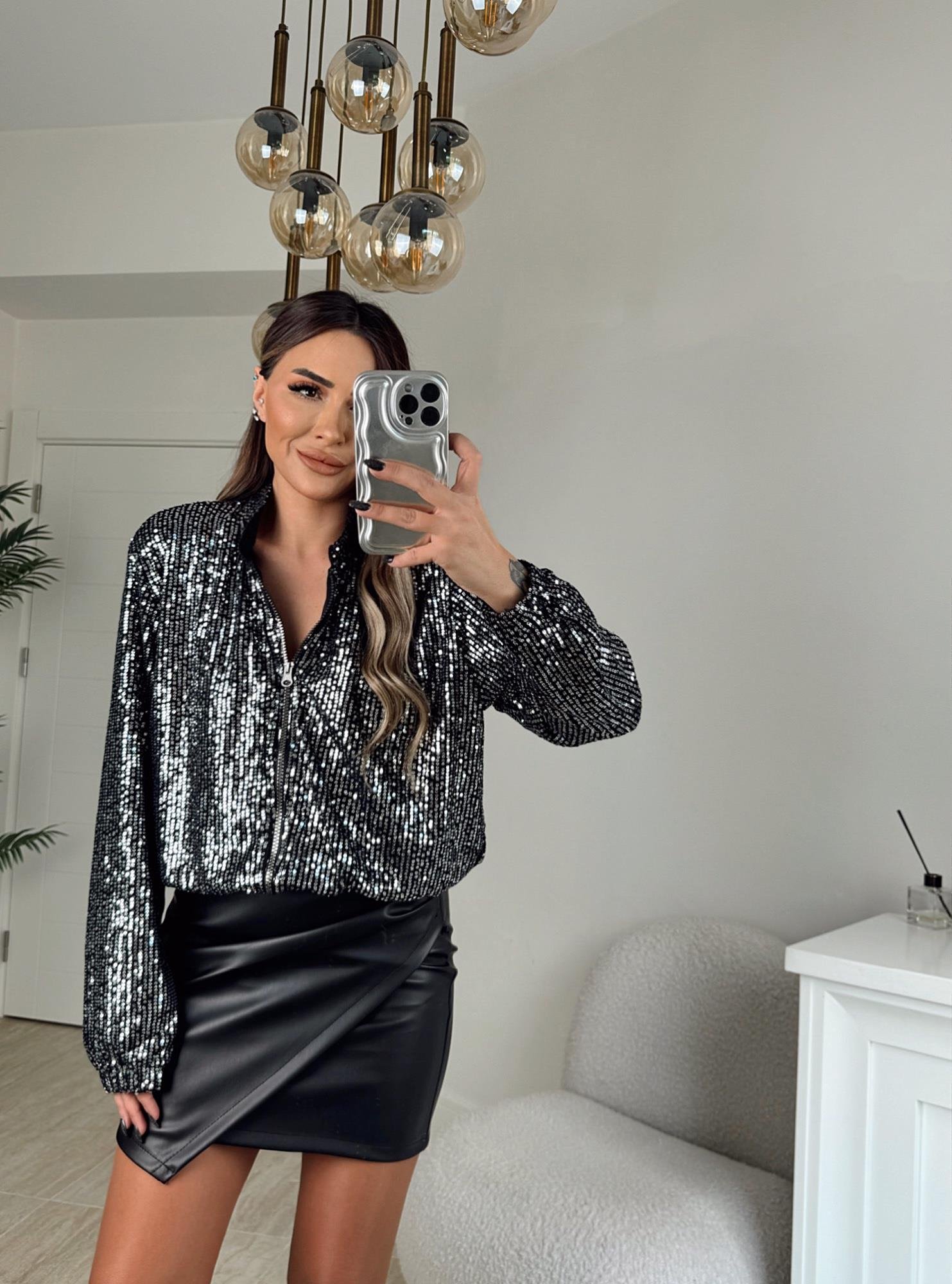 Gümüş Payet Bomber Ceket