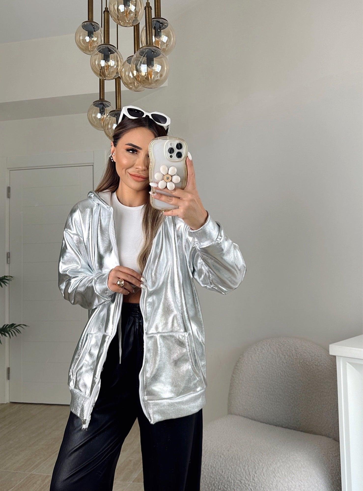 Gümüş Varaklı Kapişonlu Sweat Hırka