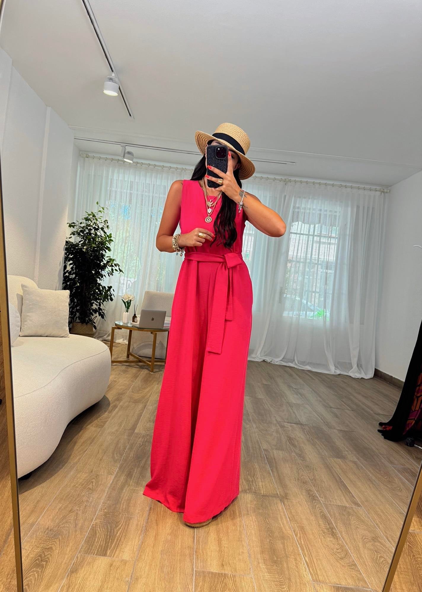 Halter Ayrobin Fuşya Pembe Kuşaklı Tulum