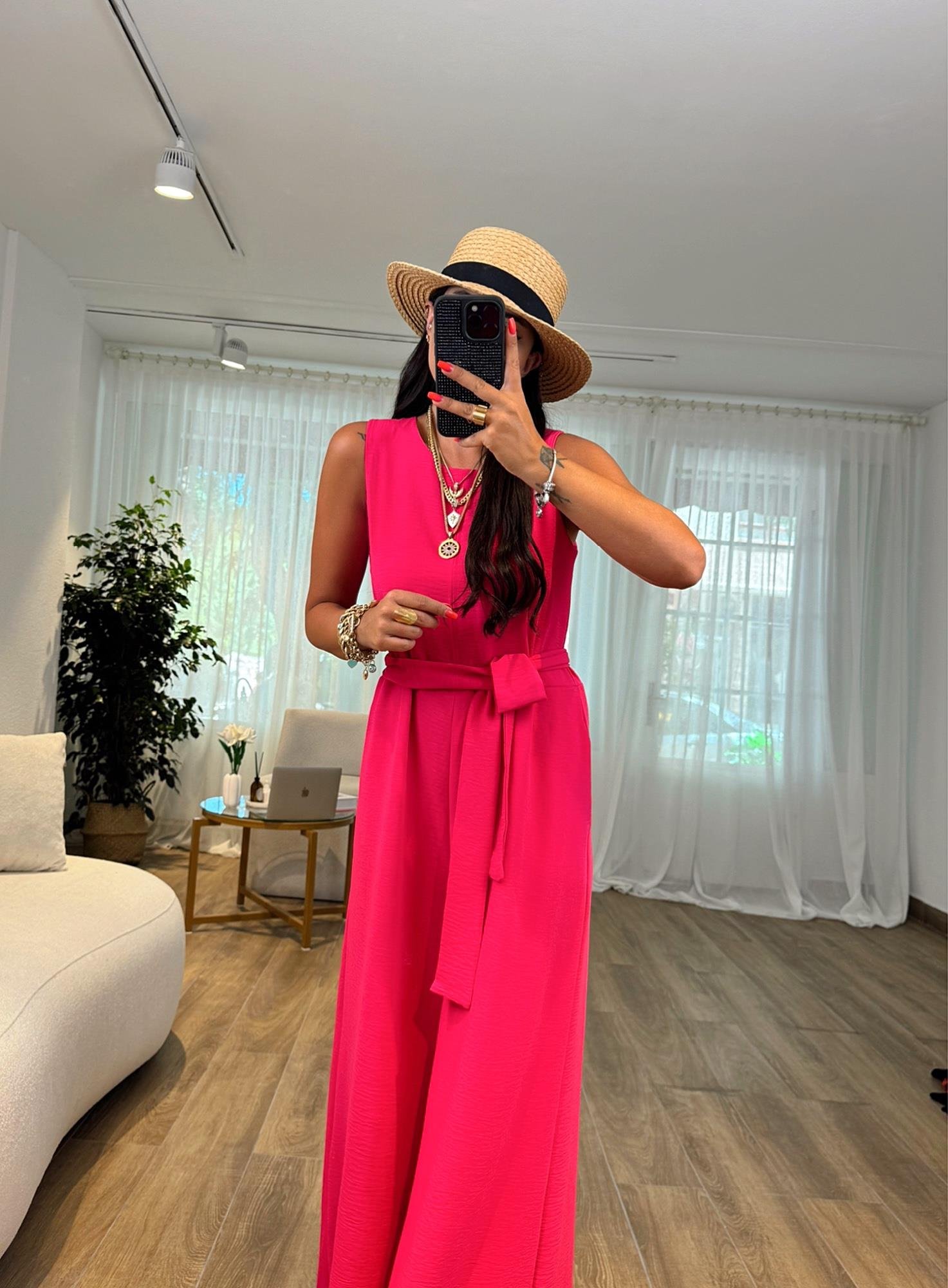 Halter Ayrobin Fuşya Pembe Kuşaklı Tulum