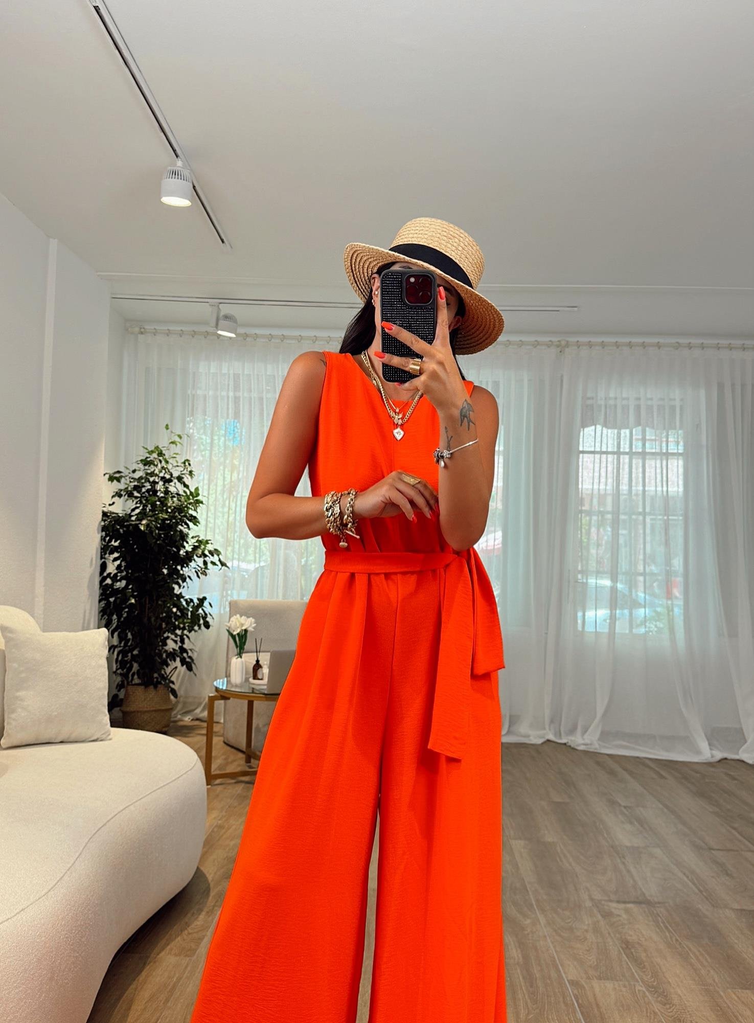 Halter Ayrobin Nar Çiçeği Kuşaklı Tulum