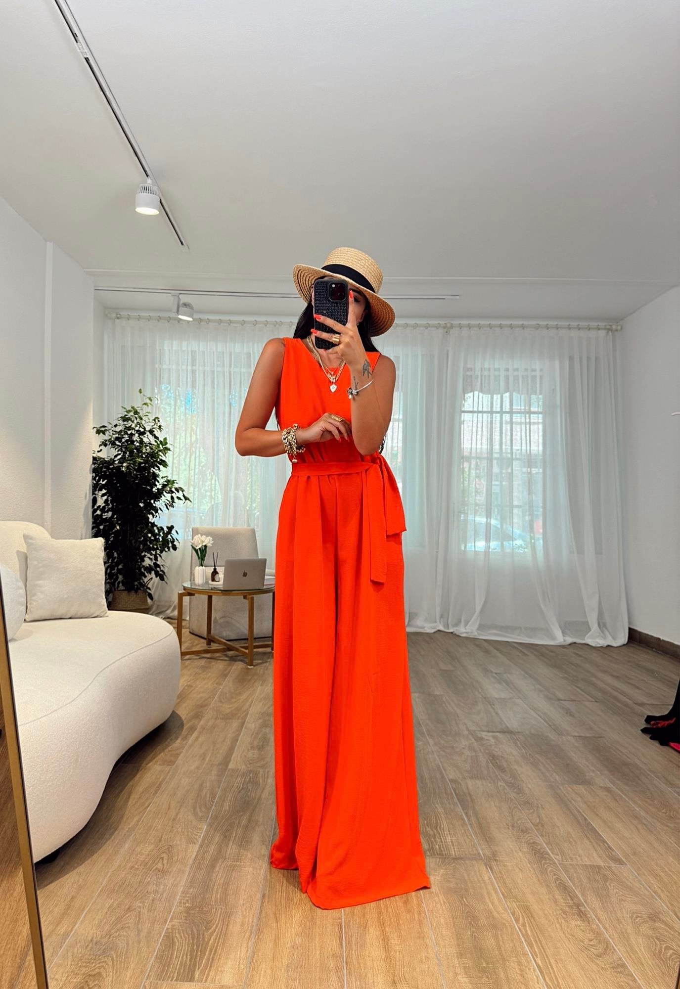 Halter Ayrobin Nar Çiçeği Kuşaklı Tulum