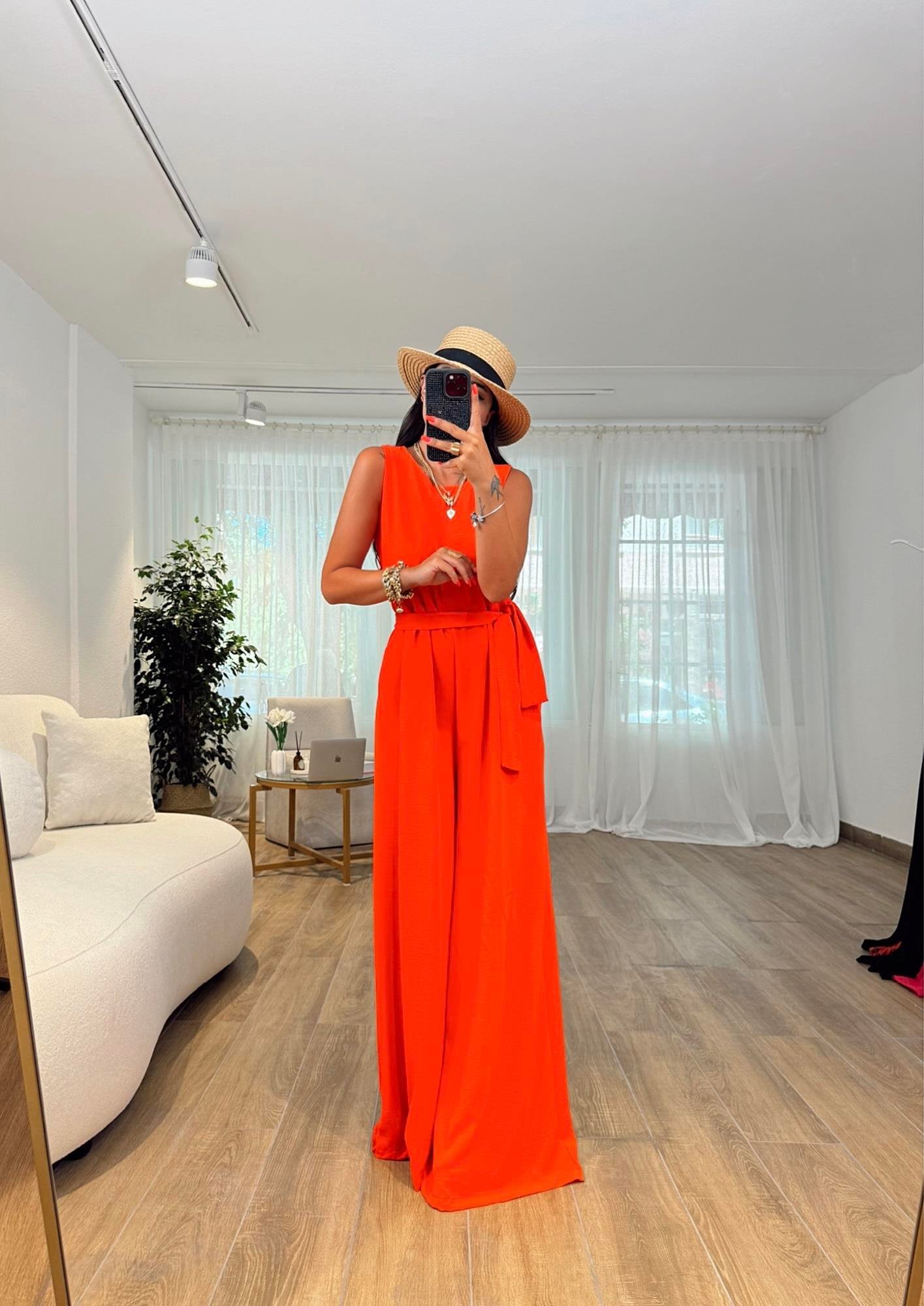 Halter Ayrobin Nar Çiçeği Kuşaklı Tulum