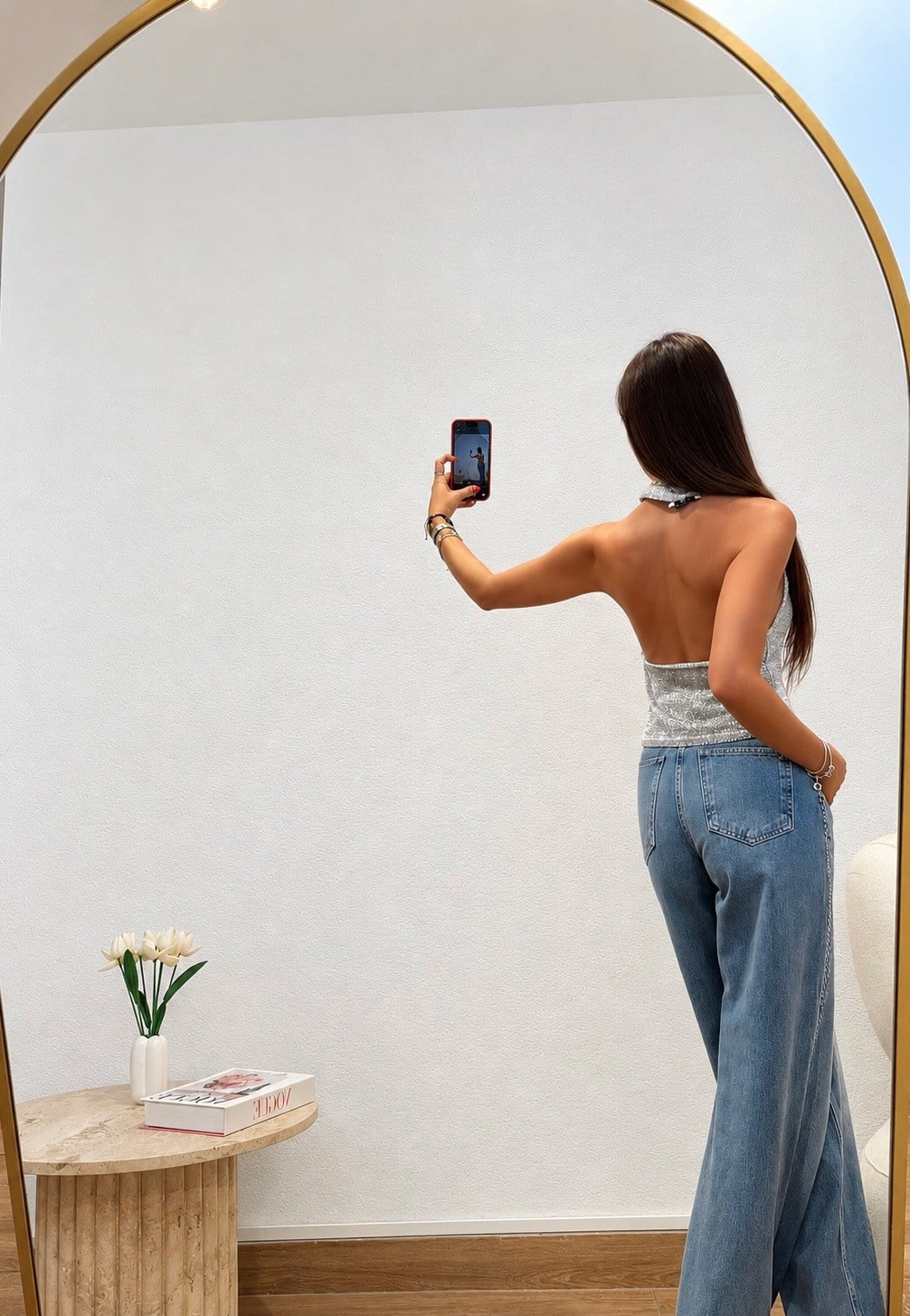 Halter Gümüş Sırtı Açık Simli Bluz