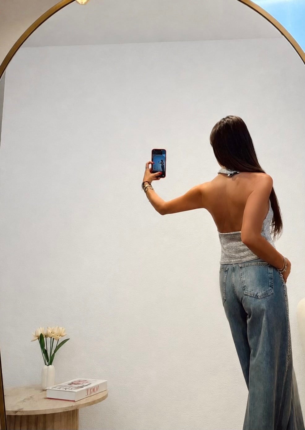 Halter Gümüş Sırtı Açık Simli Bluz