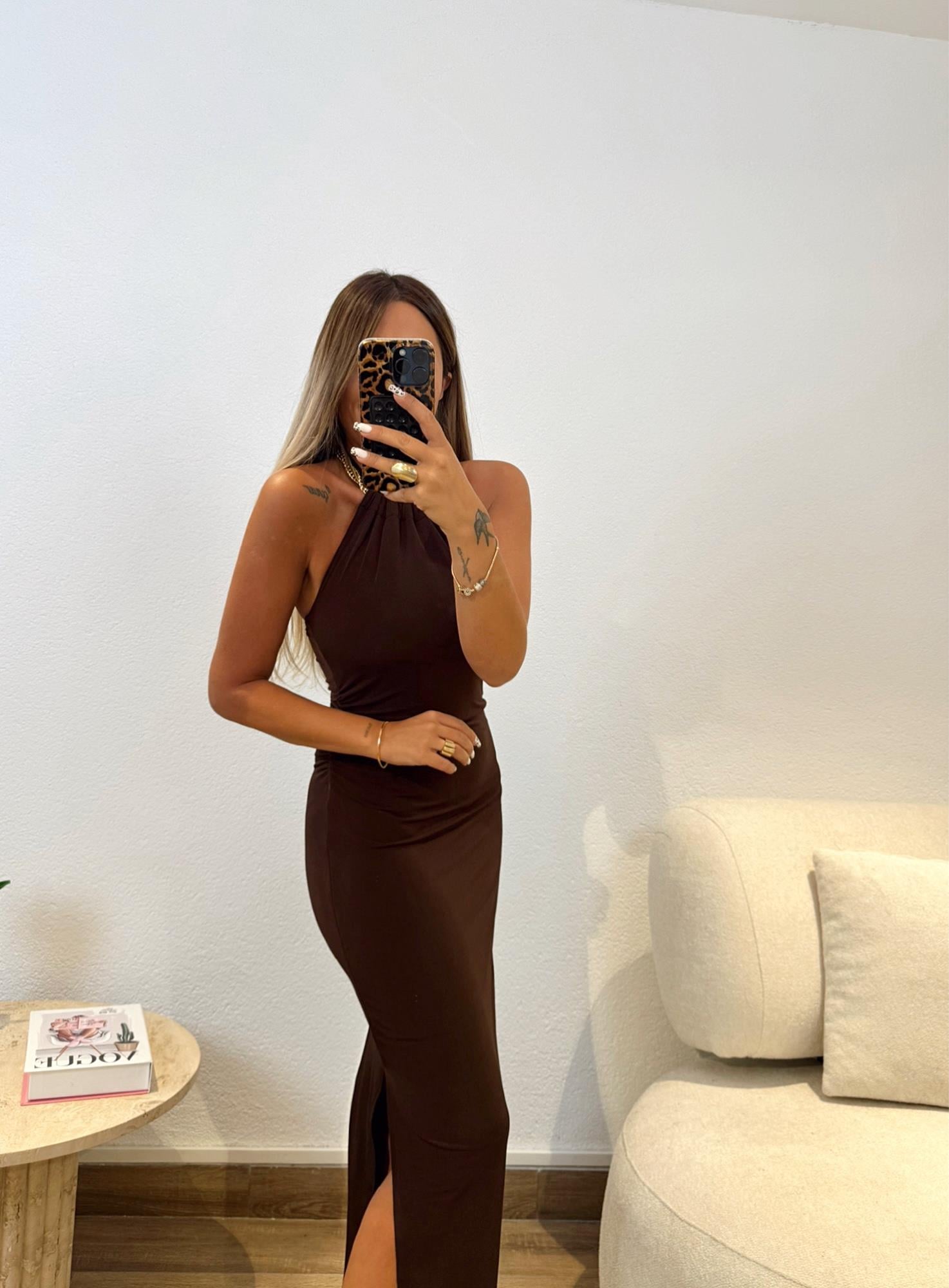 Halter Yaka Aksesuar Kahve Midi Boy Elbise