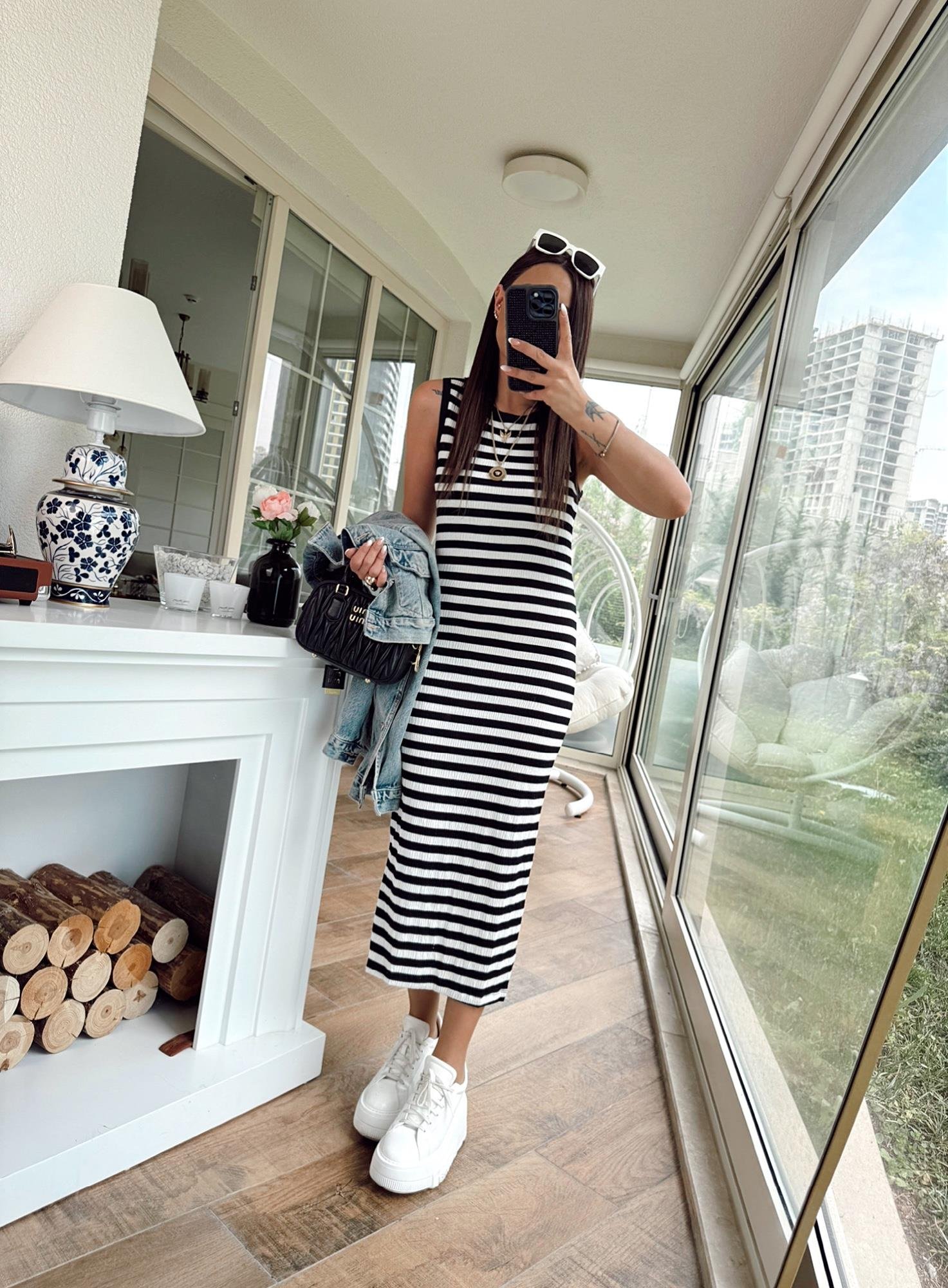 Halter Yaka Çizgili Basic Midi Elbise