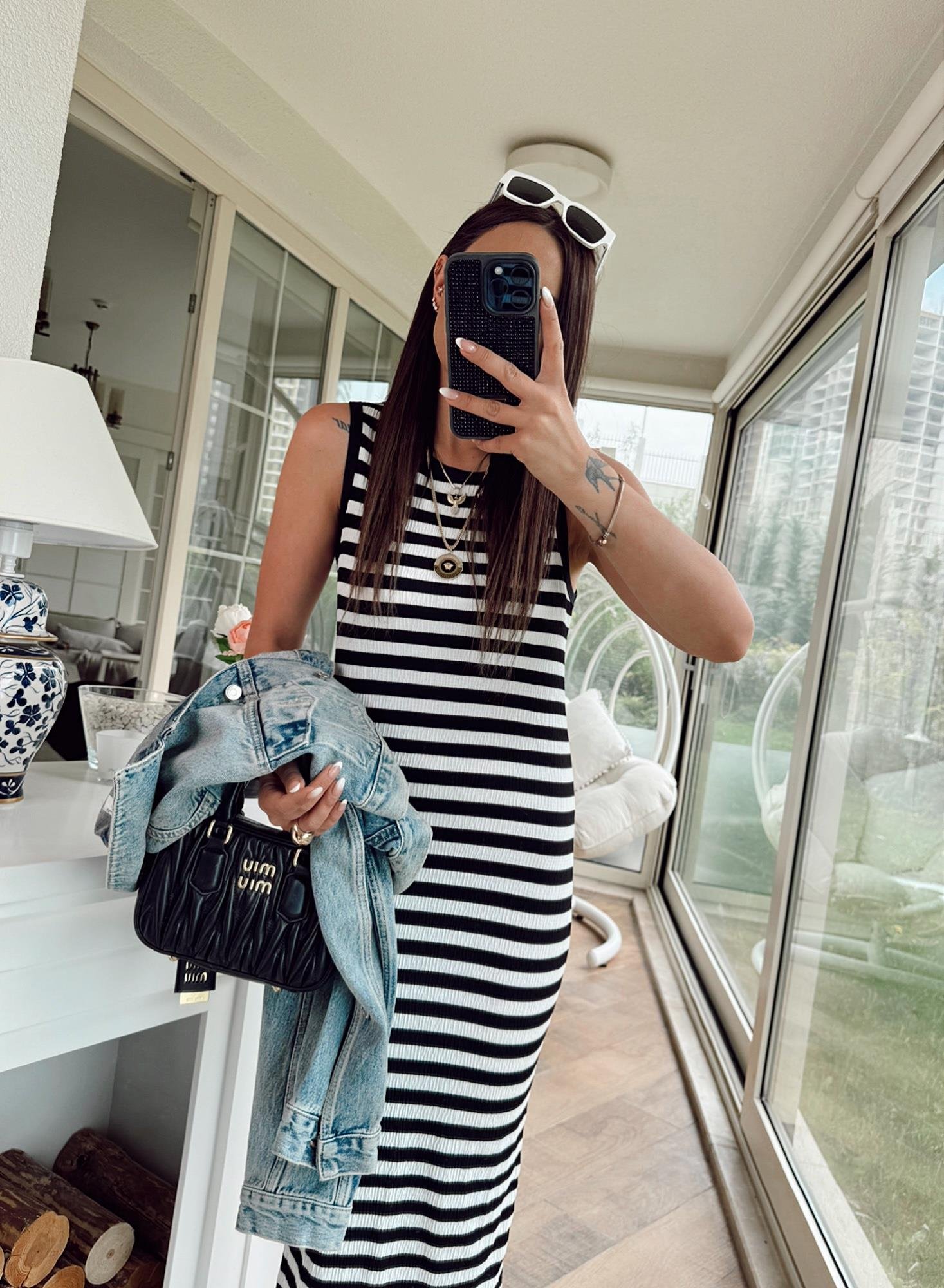 Halter Yaka Çizgili Basic Midi Elbise