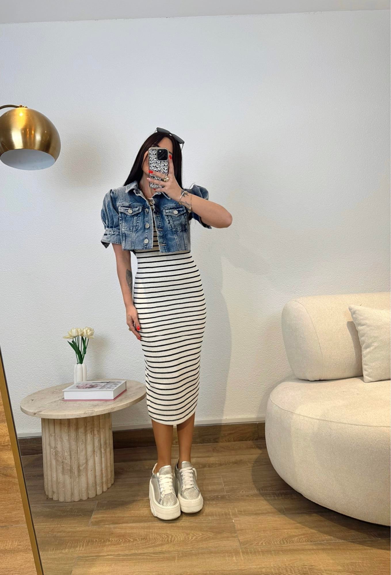 Halter Yaka Çizgili Midi Boy Elbise