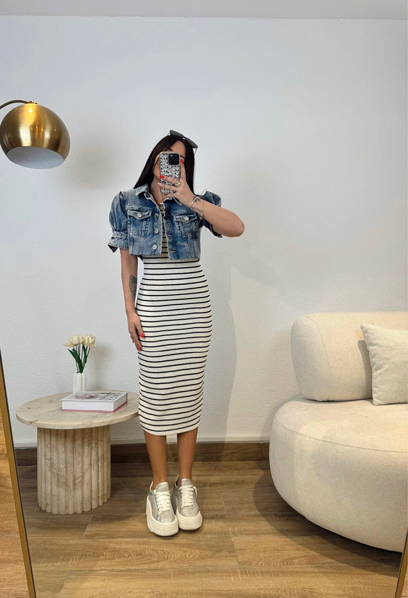 Halter Yaka Çizgili Midi Boy Elbise