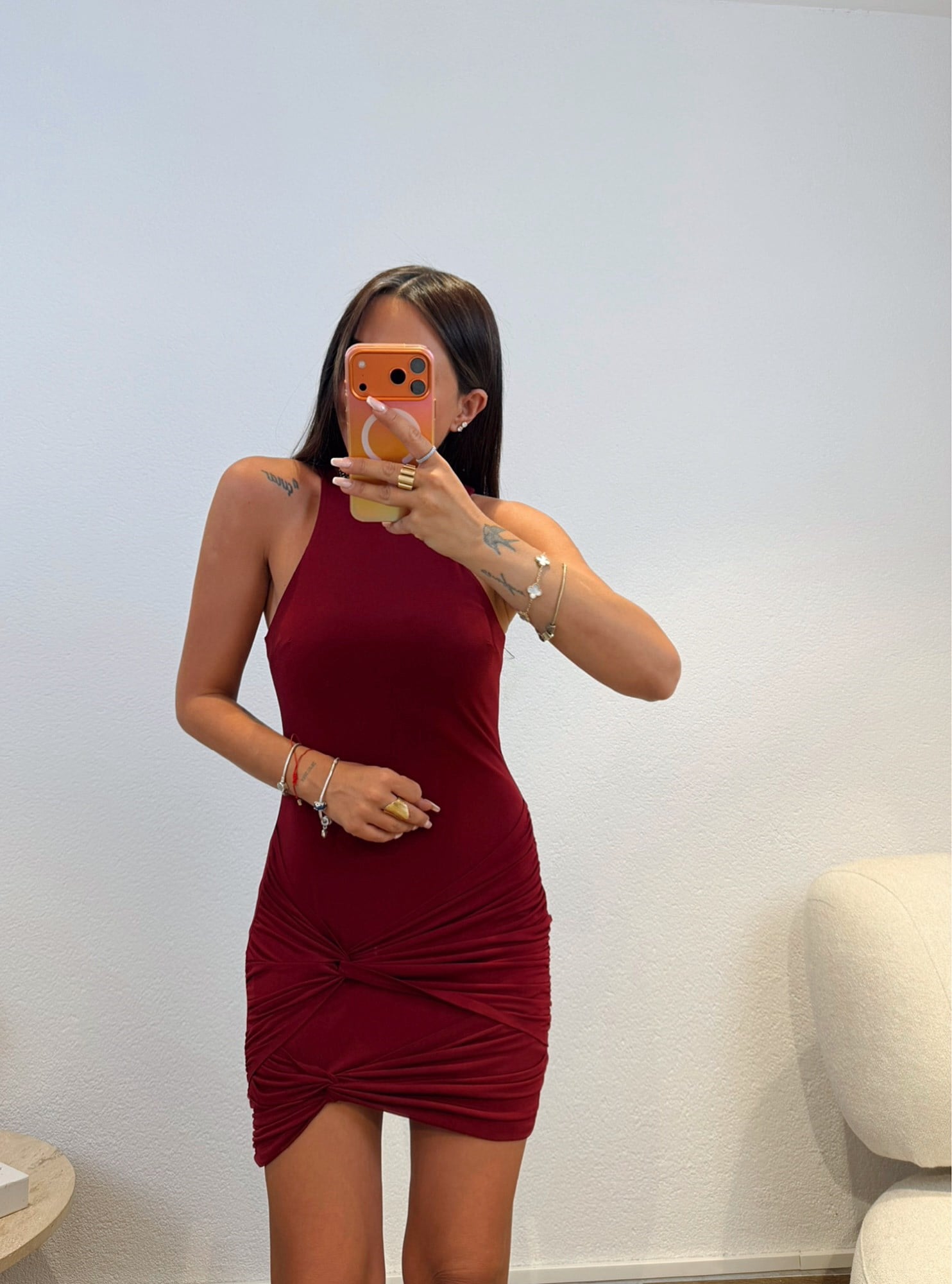 Halter Yaka Drapeli Bordo Elbise