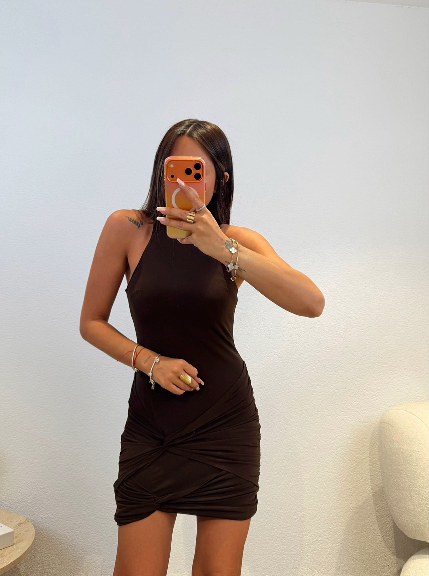 Halter Yaka Drapeli Kahve Elbise