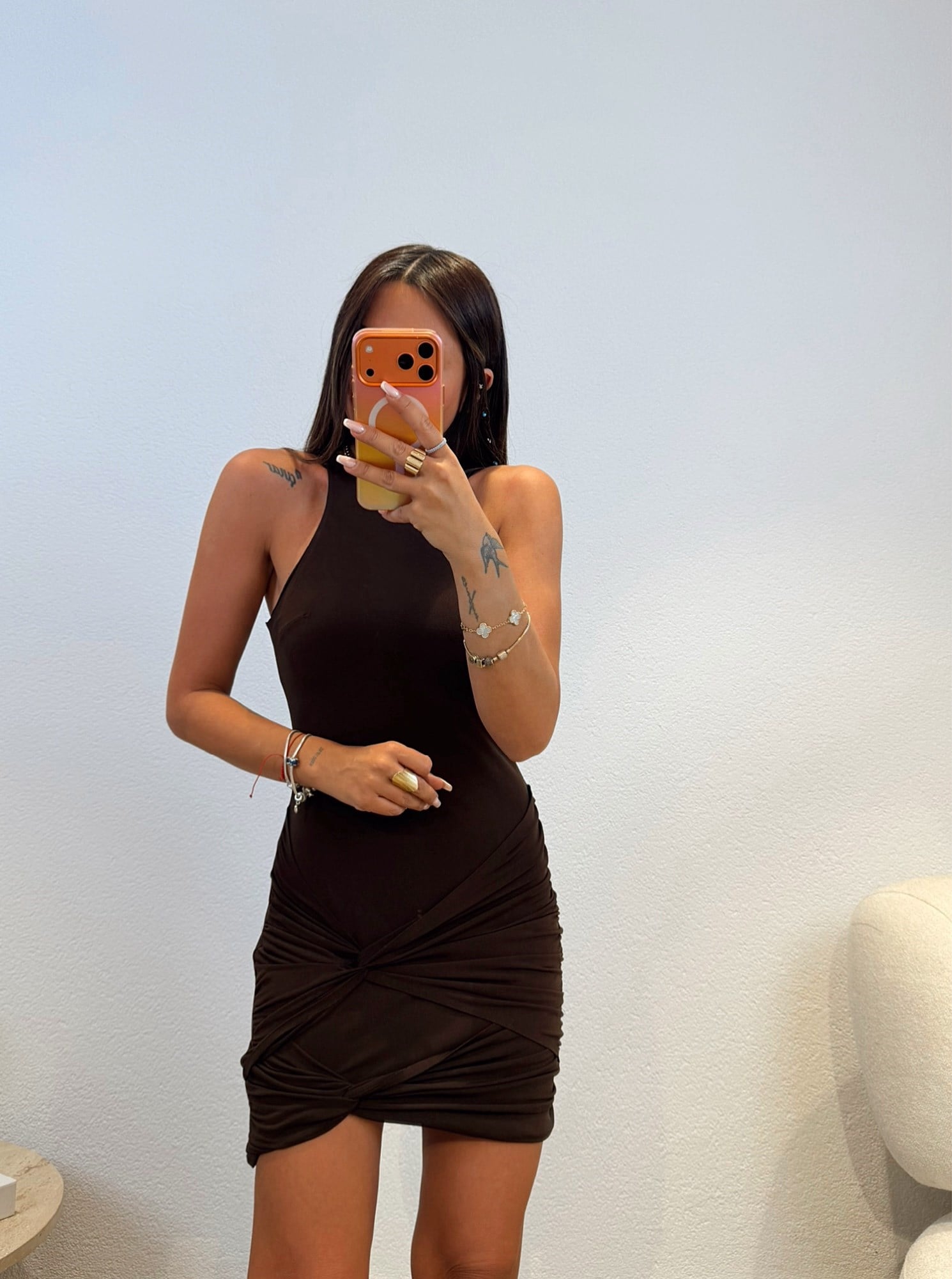 Halter Yaka Drapeli Kahve Elbise