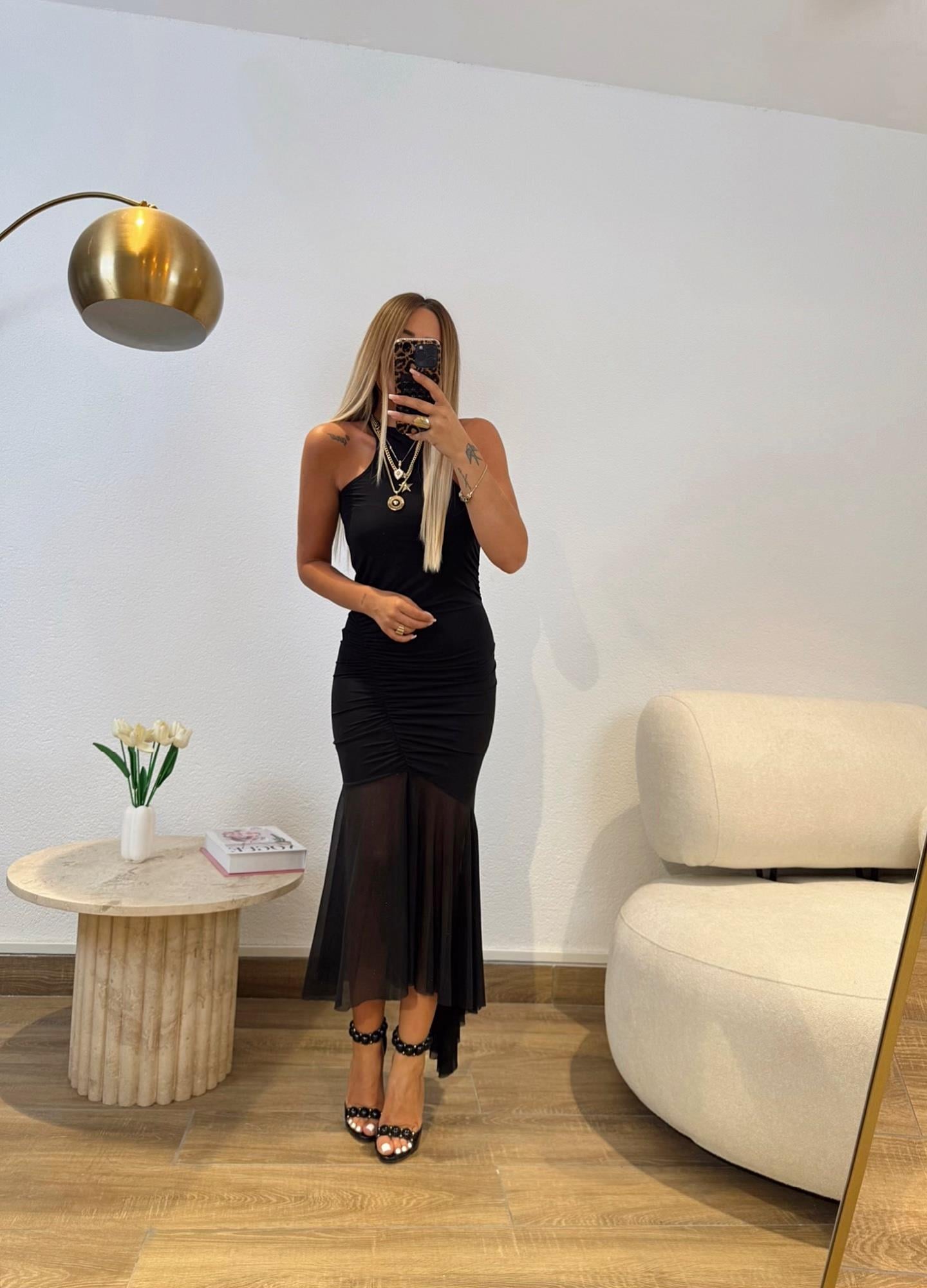 Halter Yaka Drapeli Tül Detay Elbise