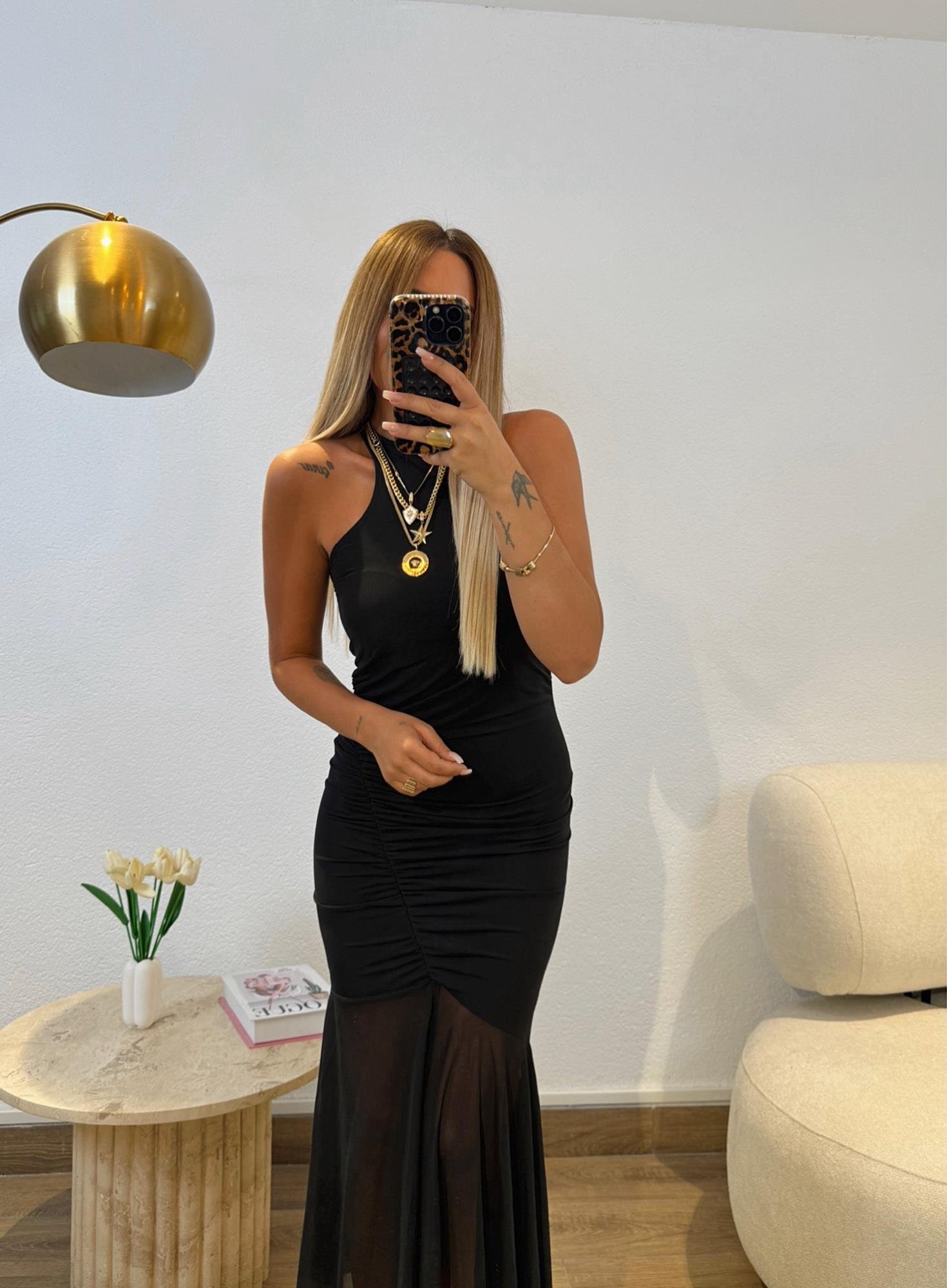 Halter Yaka Drapeli Tül Detay Elbise
