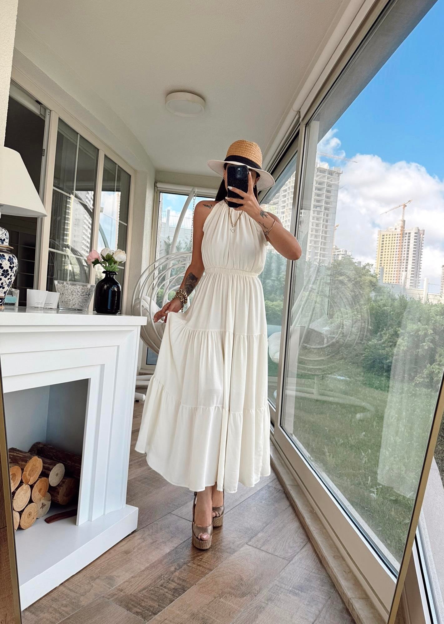 Halter Yaka Ekru Midi Boy Elbise