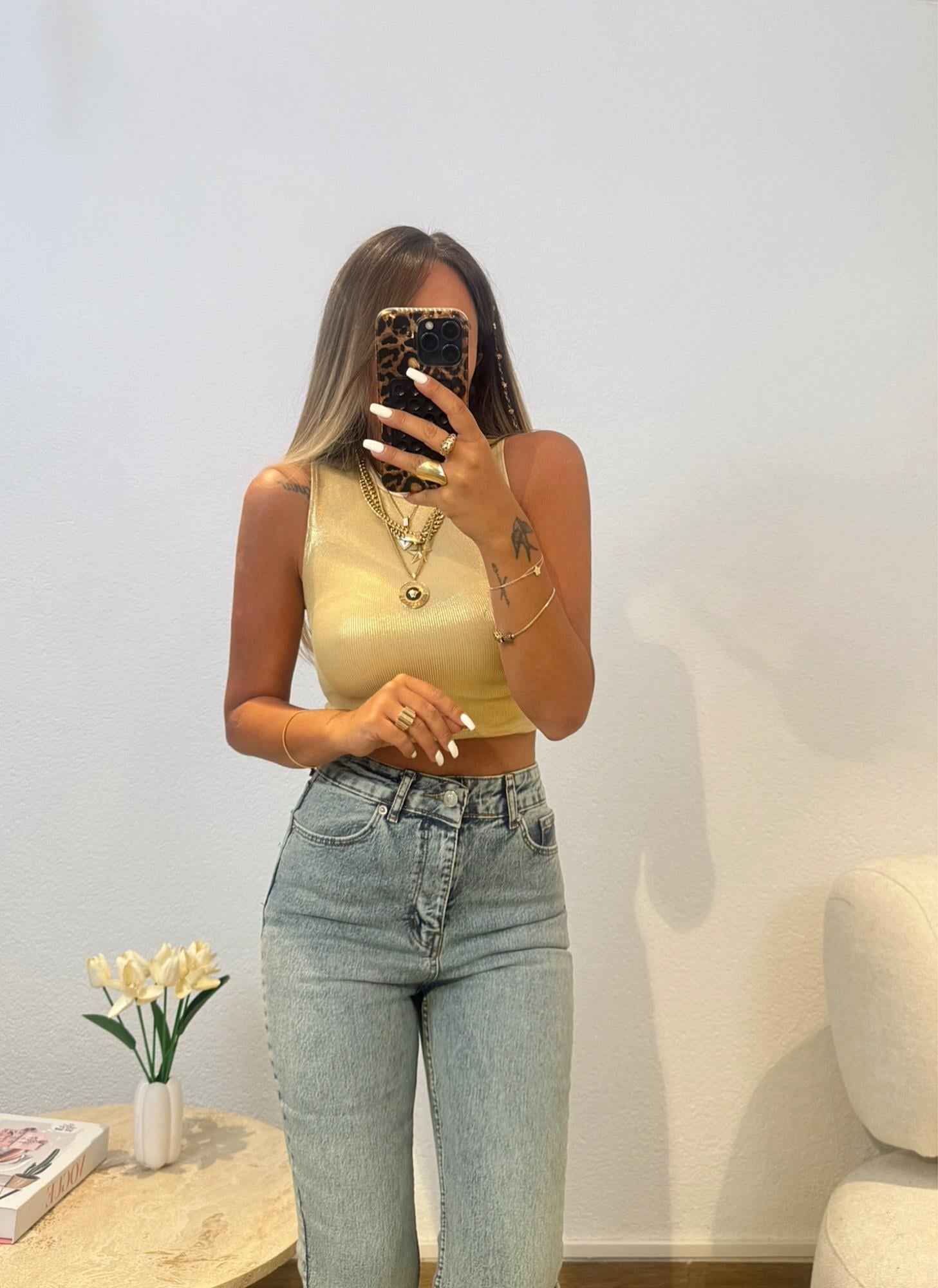 Halter Yaka Gold Varaklı Crop