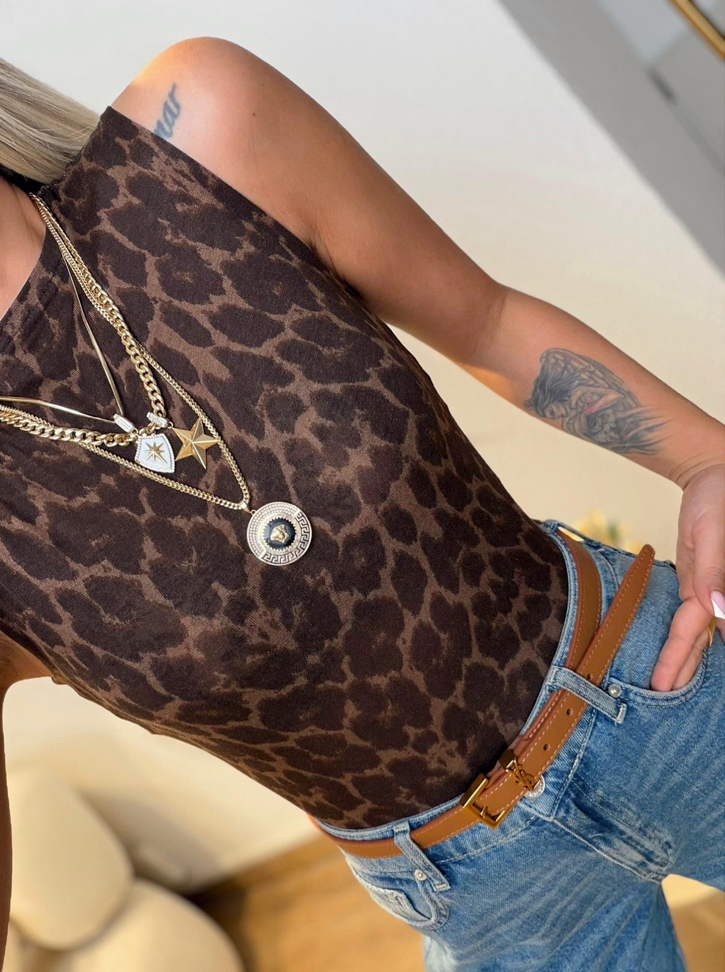 Halter Yaka Leopar Desen Kaşmir Crop